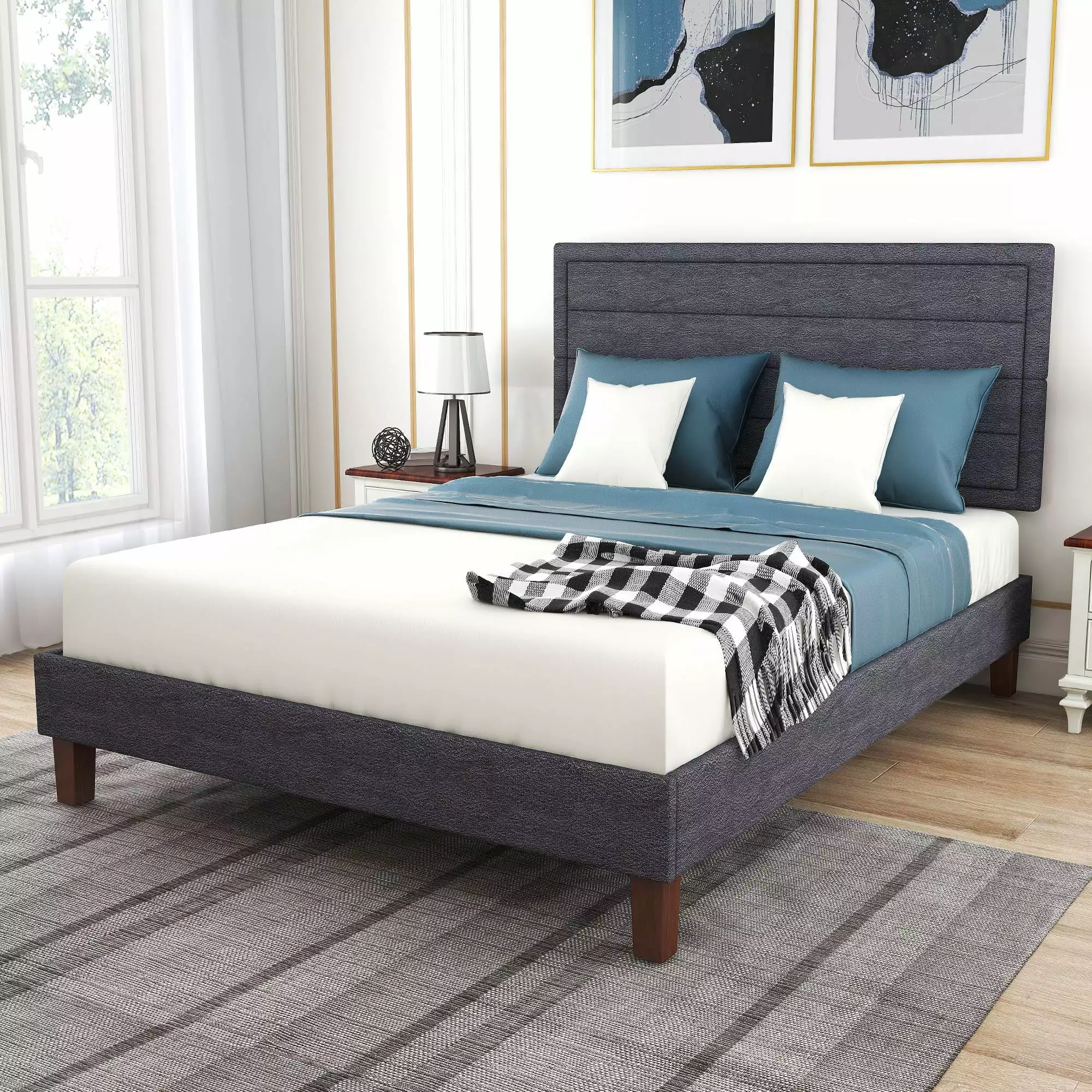Full Size Fabric Upholstered Platform Bed Frame Headboard Dark Grey Atilioo