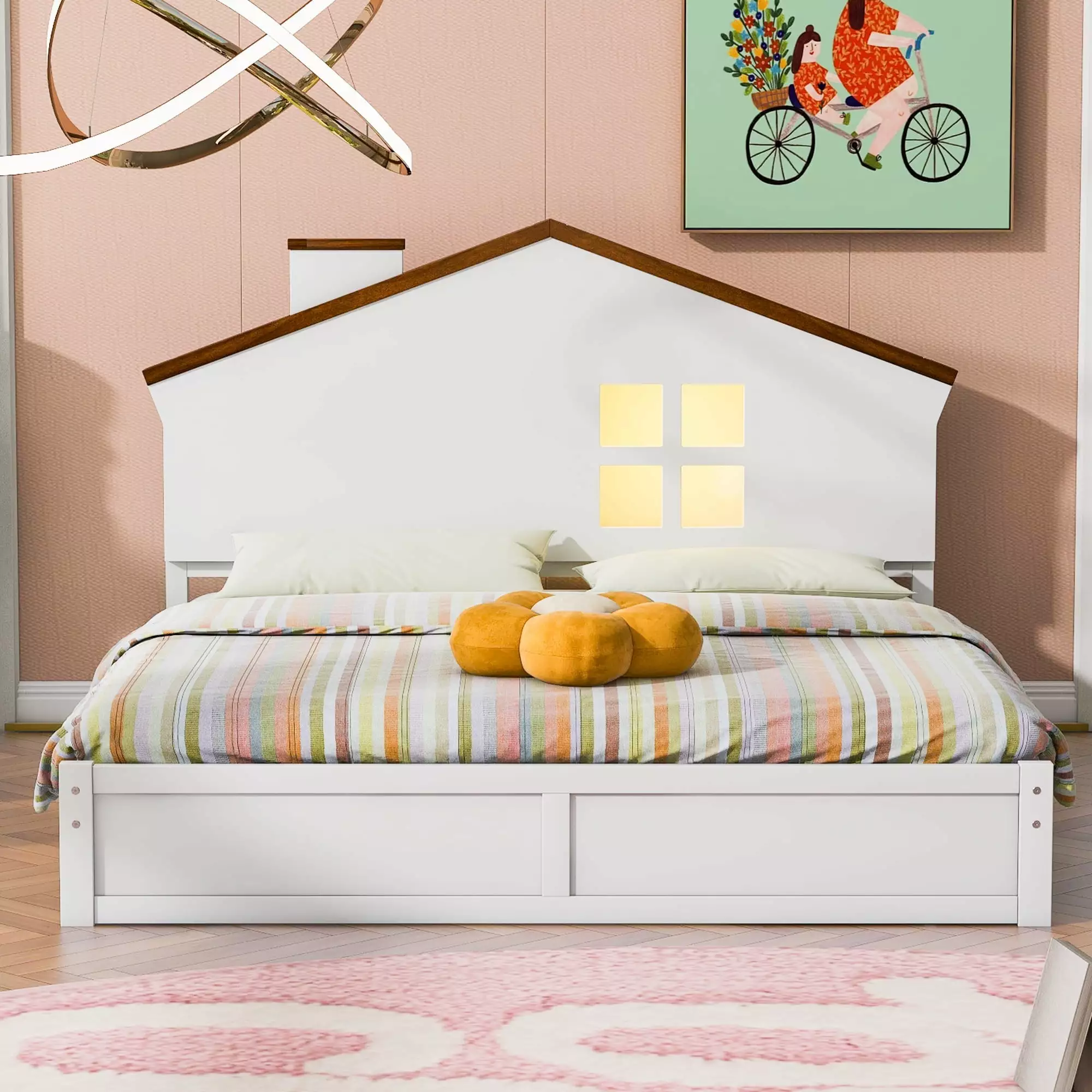 Bellemave Full Size Platform Bed Houtilize Headboard Built- LED Solid Wood Frame No Box Spring White