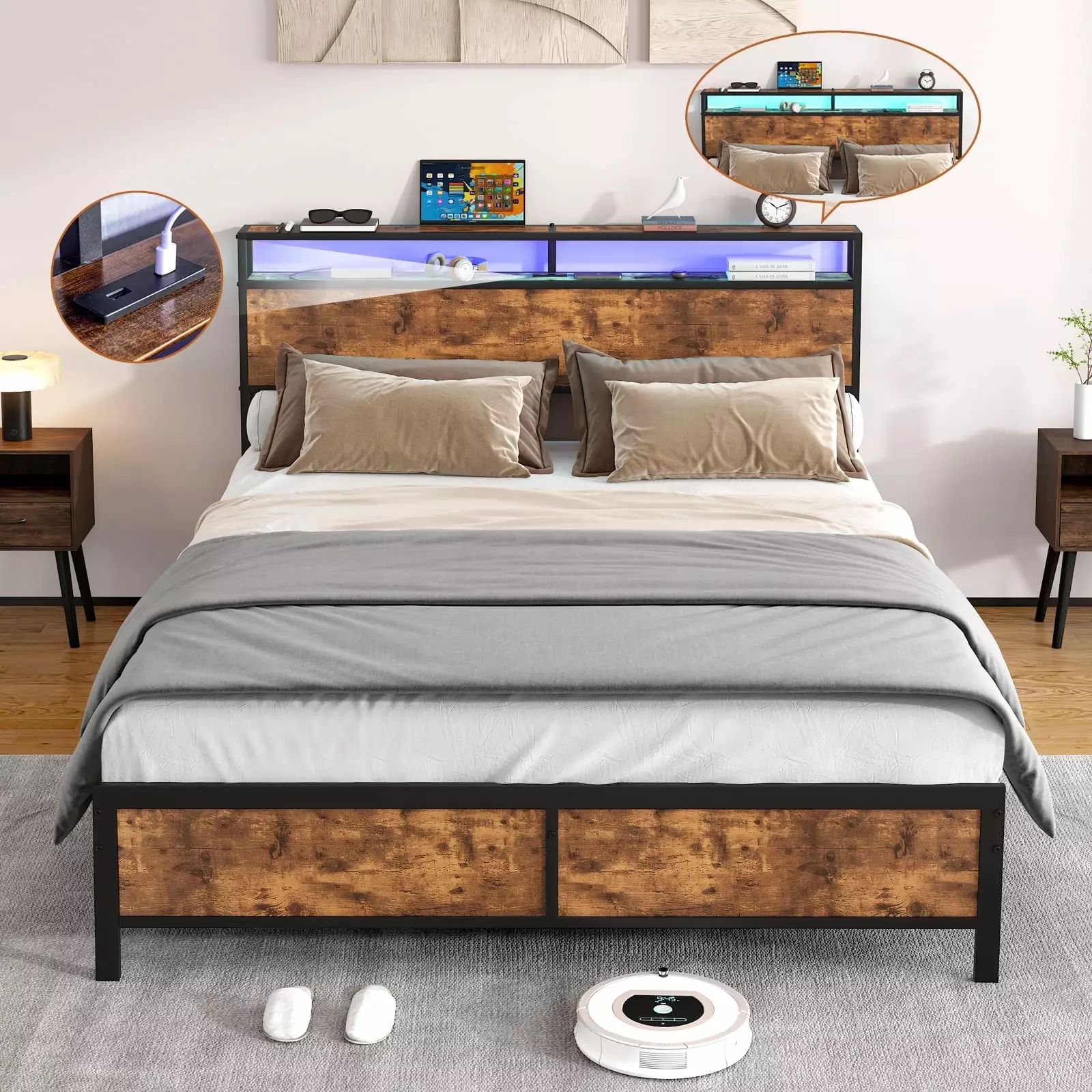 Bellemave Industrial Full Metal Bed Frame Wood Headboard and Footboard Rustic Brown