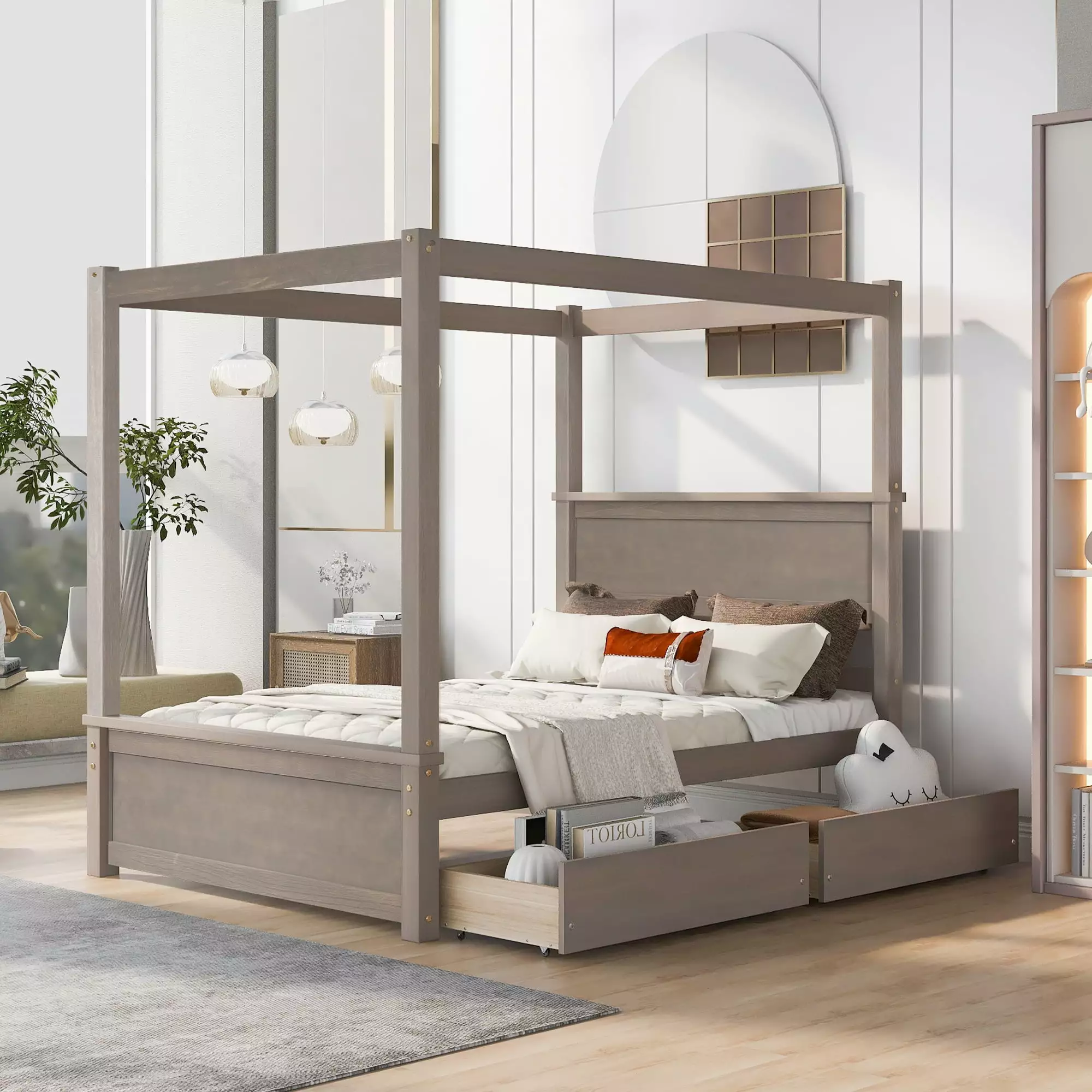 CITYLE Full Size Canopy Bed 2 Storage Drawers 4-Post Wood Full Platform Bed Frame Headboard No Box Spring Needed Light Brown