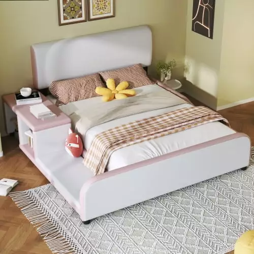 DreamBuck Bed Frame Full Size Upholstered Bed Storage Nightstand and Guardrail Platform Bed Upholstered Headboard Kids Woo...