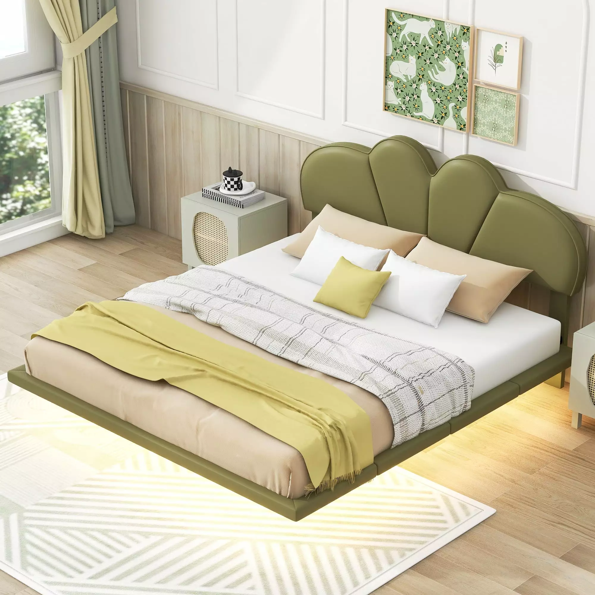 Euroco Full Size Upholstery Floating Bed LED Lights PU Leather Headboard Green
