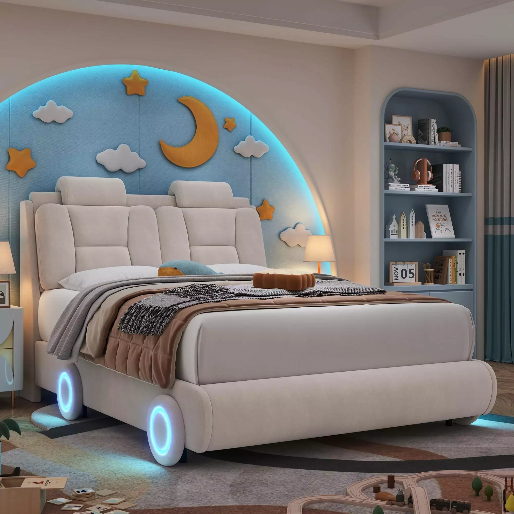 Homfa Full Size Velvet Upholstered Platform Bed LED Wheels and Adjustable Headboard Beige