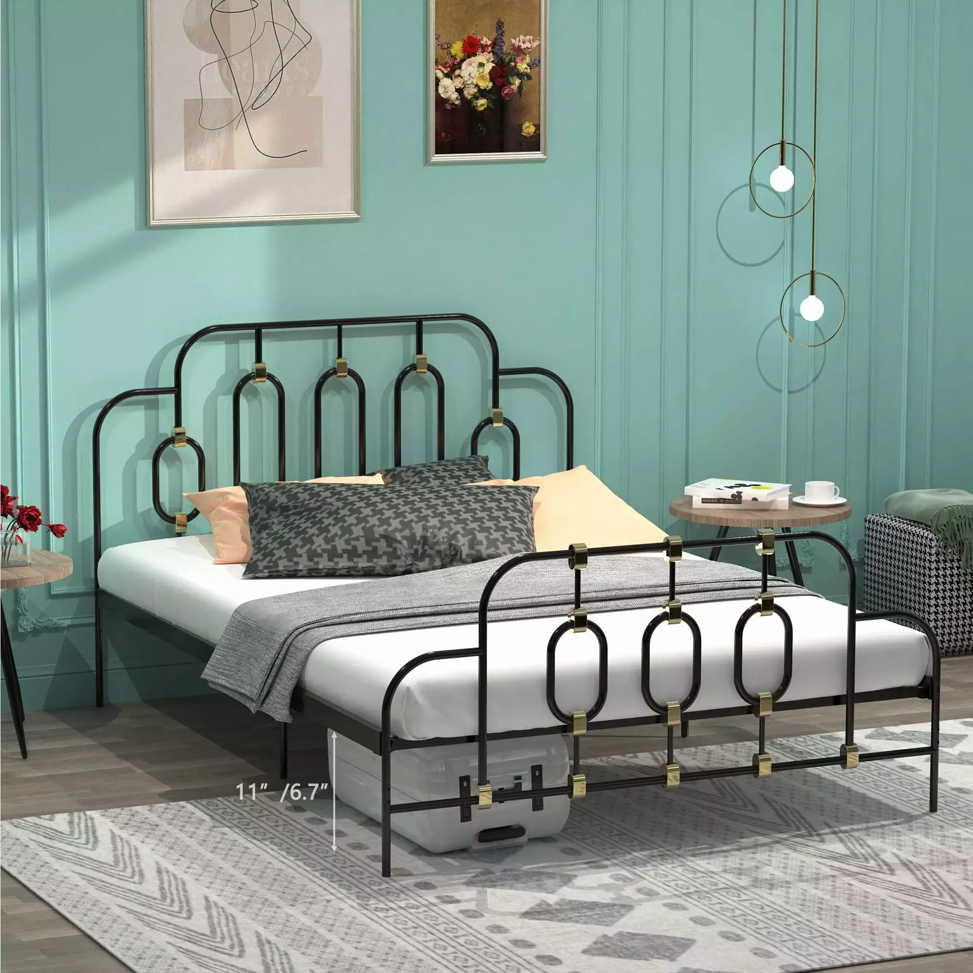Legahome Black Full Bed Frame Vintage Metal Platform Headboard No Box Spring Heavy Duty