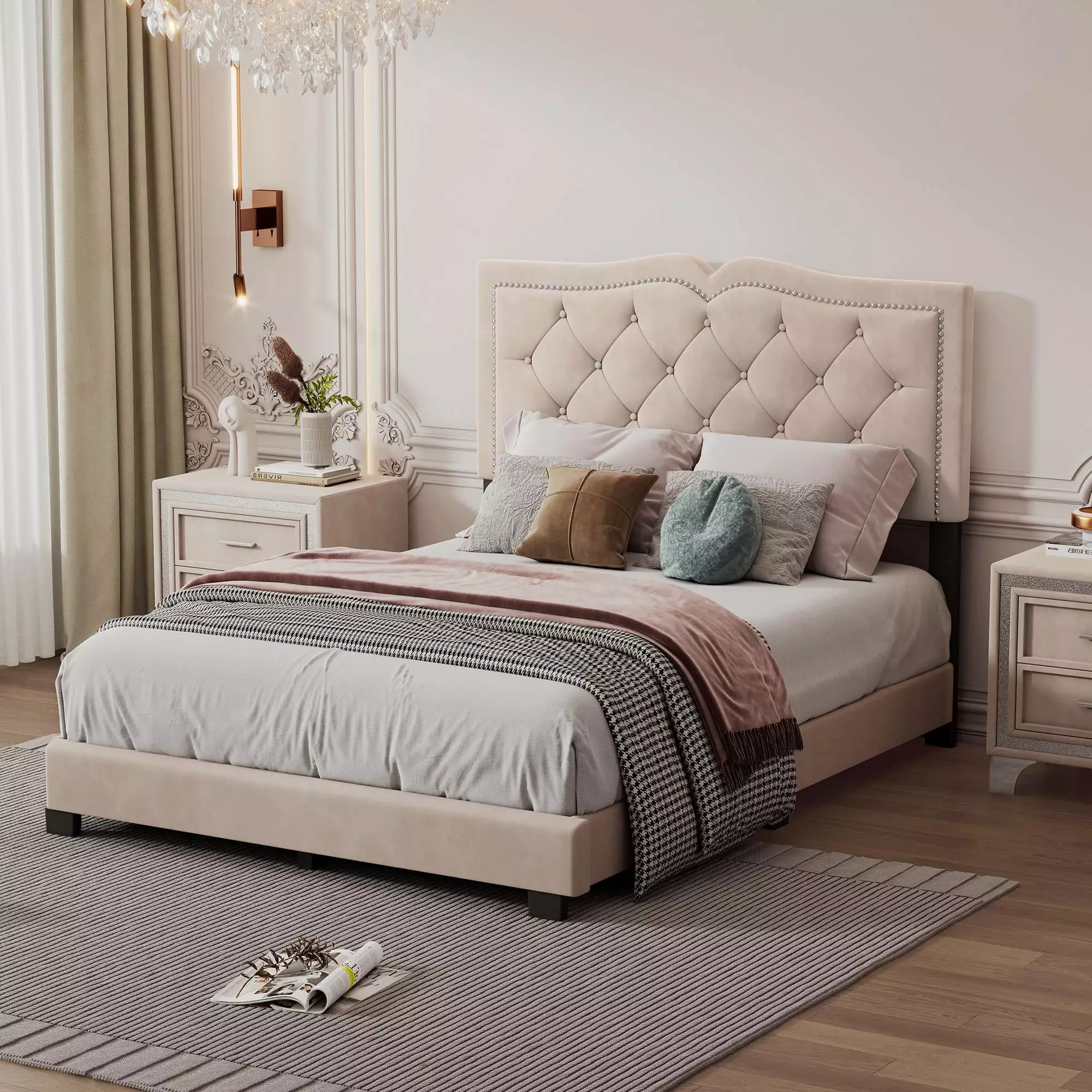 LegaHome Full Platform Bed Frame Velvet Upholstered Platform Bed Tufted Headboard and Rivet Design No Box Spring Needed Ho...