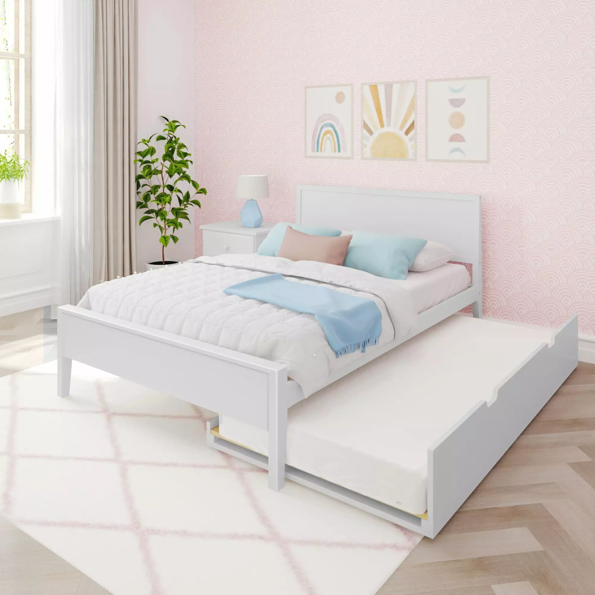 Max & Lily Full Size Bed Frame Trundle Timeless Solid Wood Platform Bed Kids White