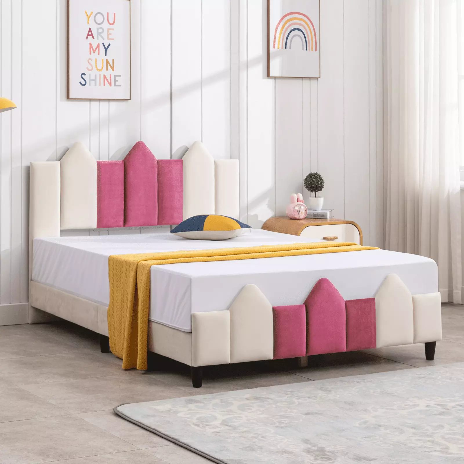 Mjkone Full Size Kids Bed Upholstered Platform and Headboard Pink and White