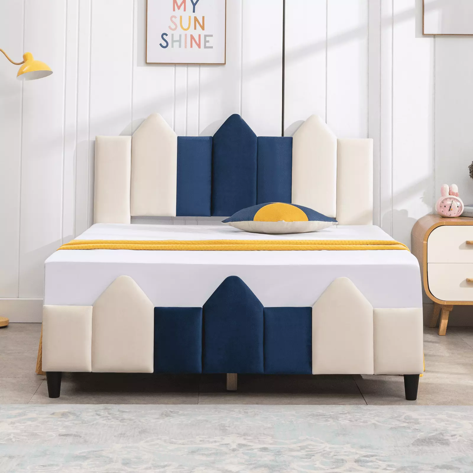 MUZZ Full Size Upholstered Platform Bed Frame Headboard Kids Blue White