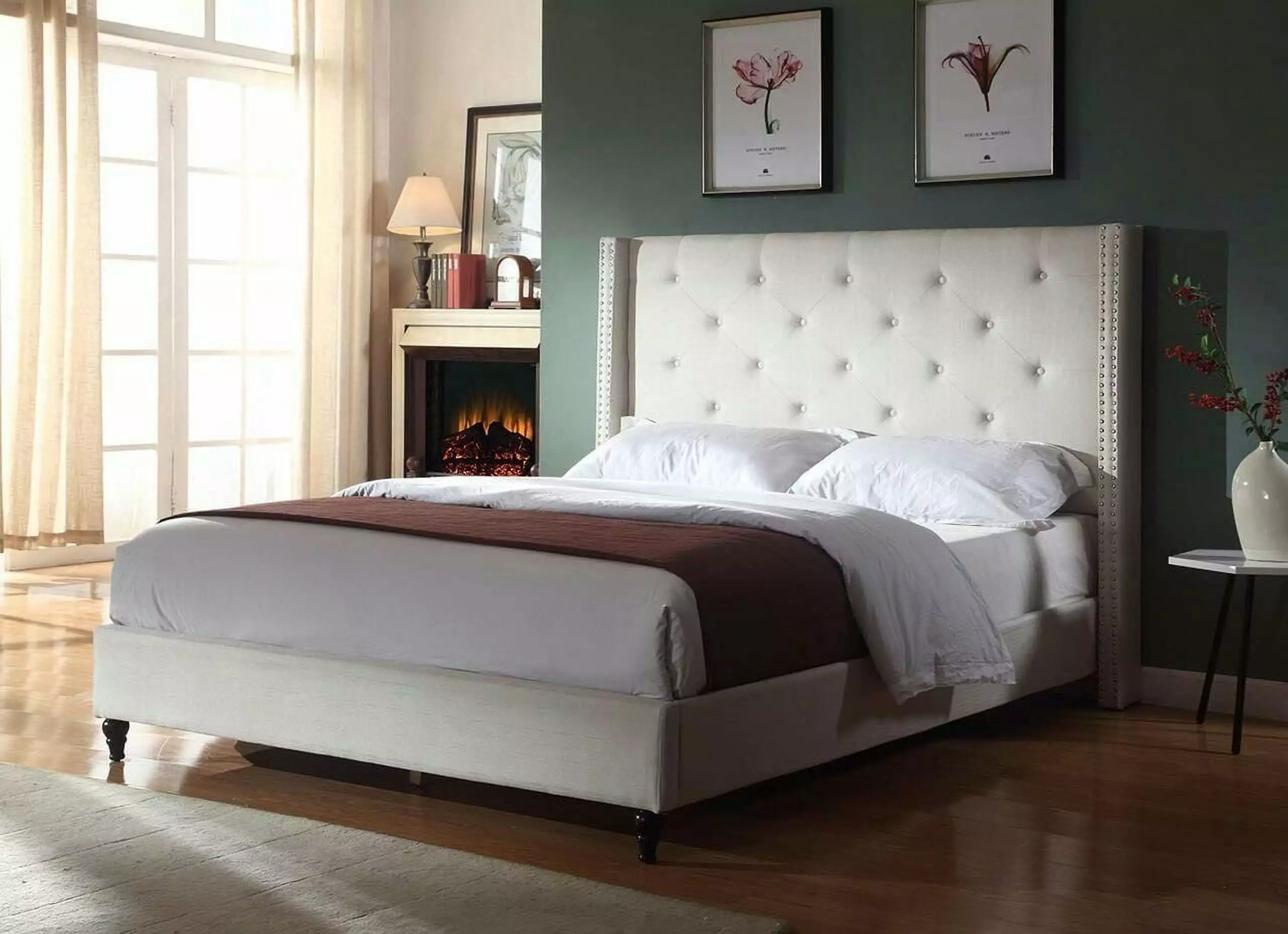Full Size Upholstered Platform Bed Frame 51 Tall Headboard Tufted Cloth Bed Wood Slat Support Storage Space No Box Spring ...