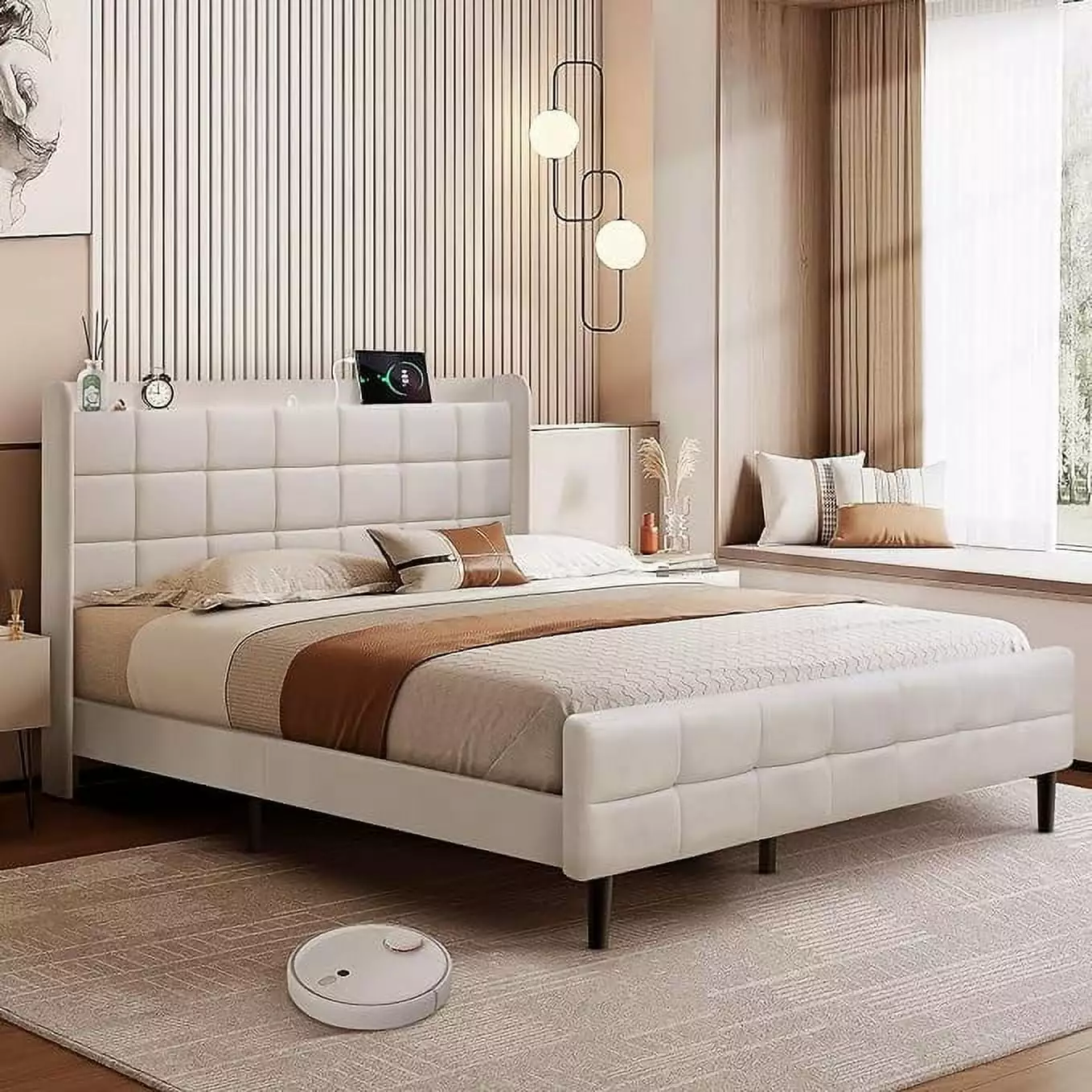 Origeture Full Size Bed Frame USB & Type-C Ports Platform Bed Wingback Storage Headboard Velvet Upholstered Heavy Duty Woo...