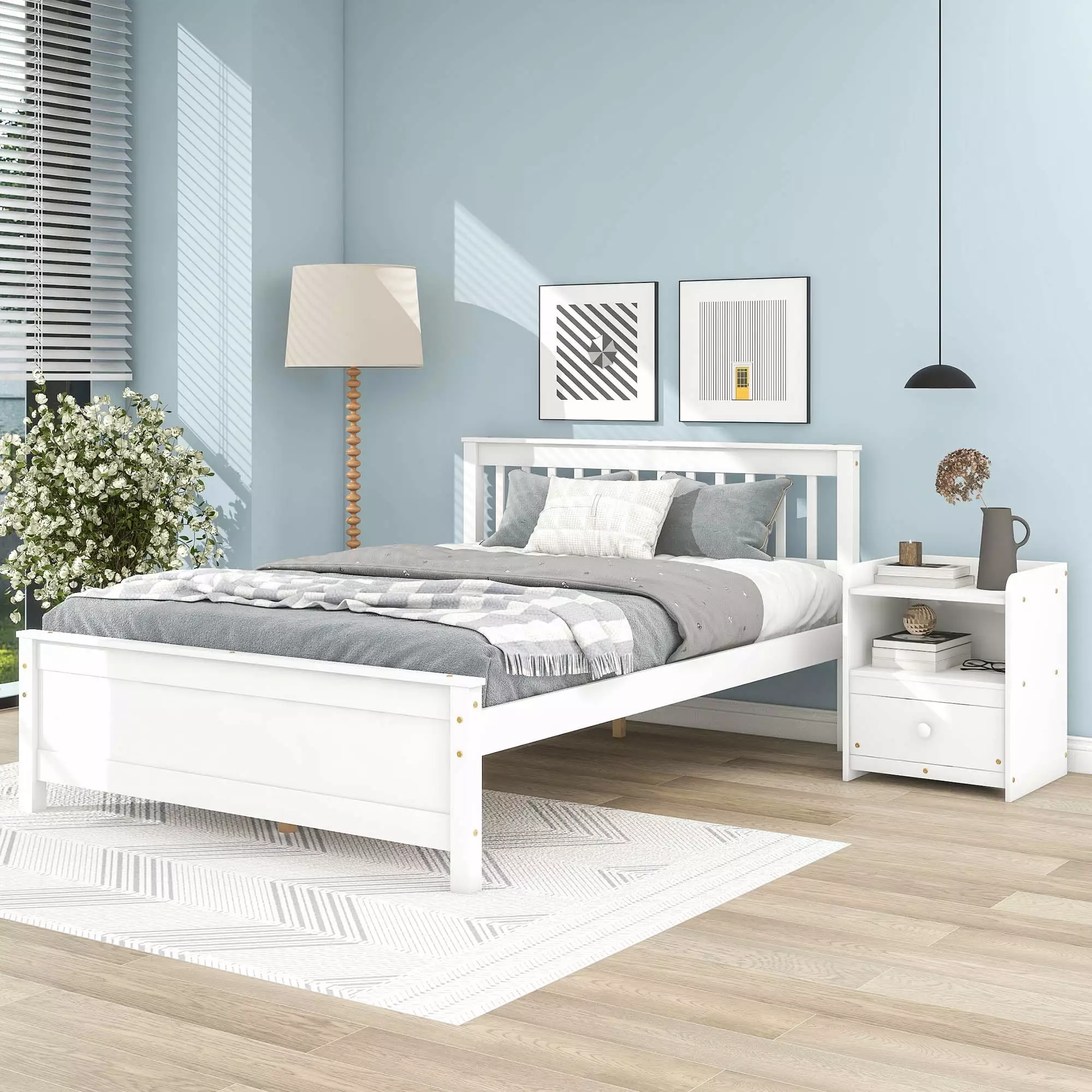 2 Piece Bedroom Furniture Sets Nightstand Full Size Wood Bed Frame Kids Teens Adults QDXDX