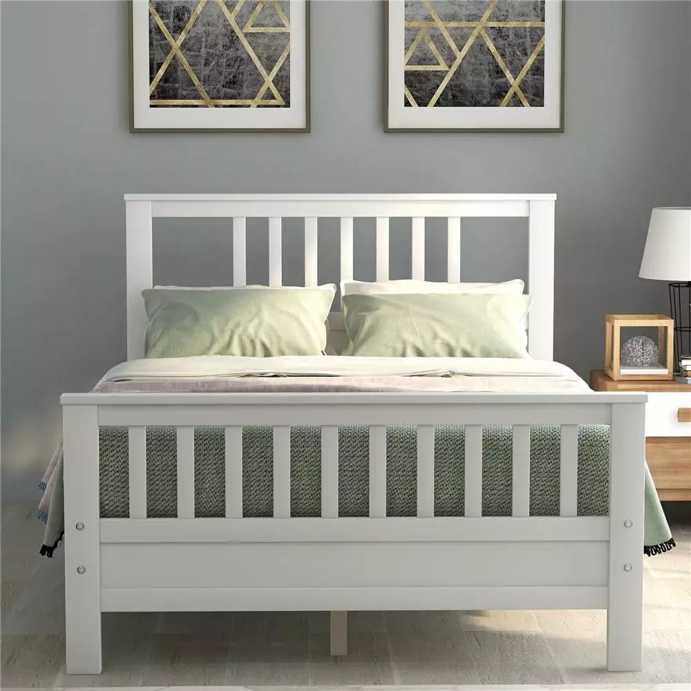 White Full Platform Bed Frame Headboard - Modern Wood Bed Frame Kids Adults Segmart
