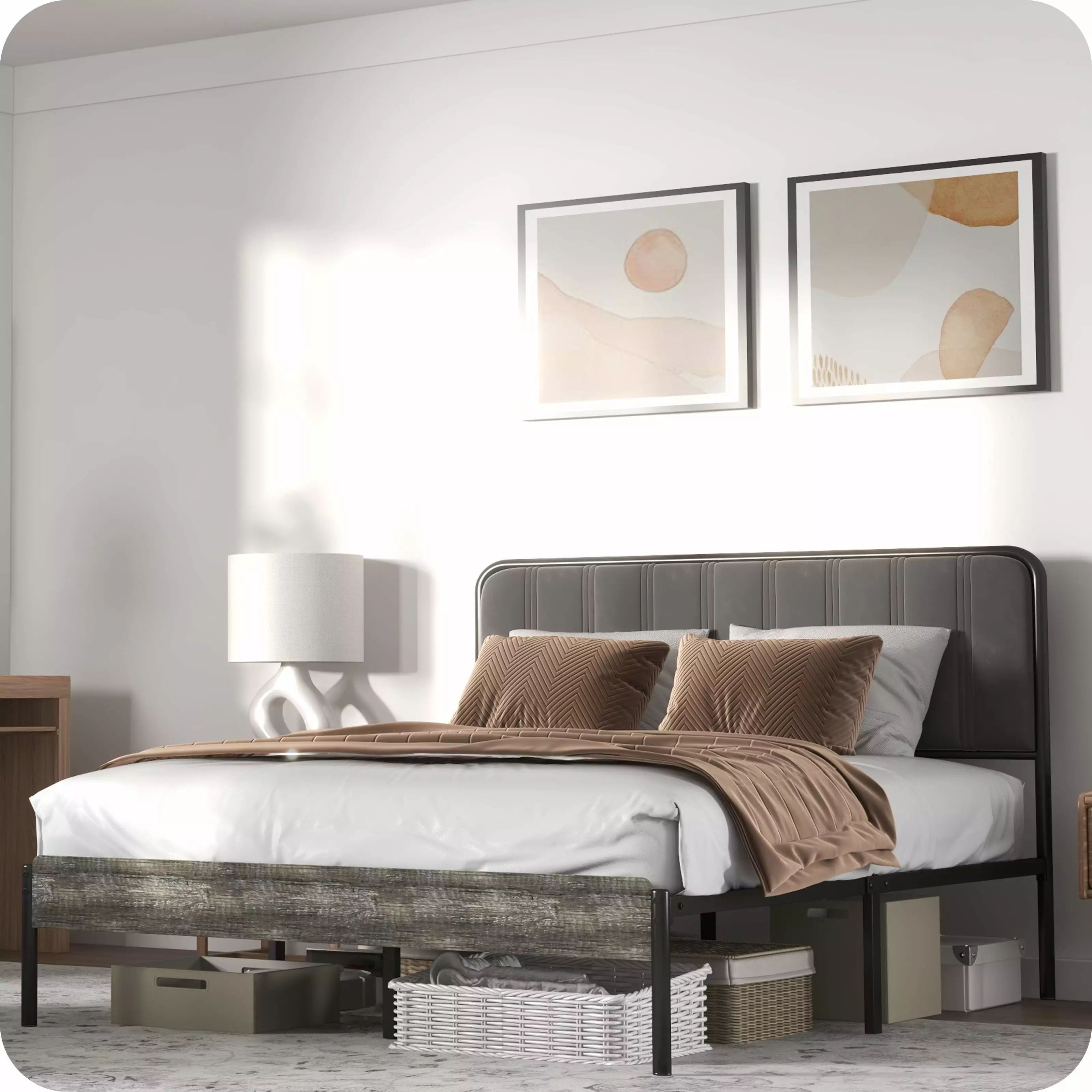 SUNNY HEAT Full Size Bed Frame Soft Textile Headboard Noise-Free Easy Assembly Maximize Storage No Box Spring Dark Grey