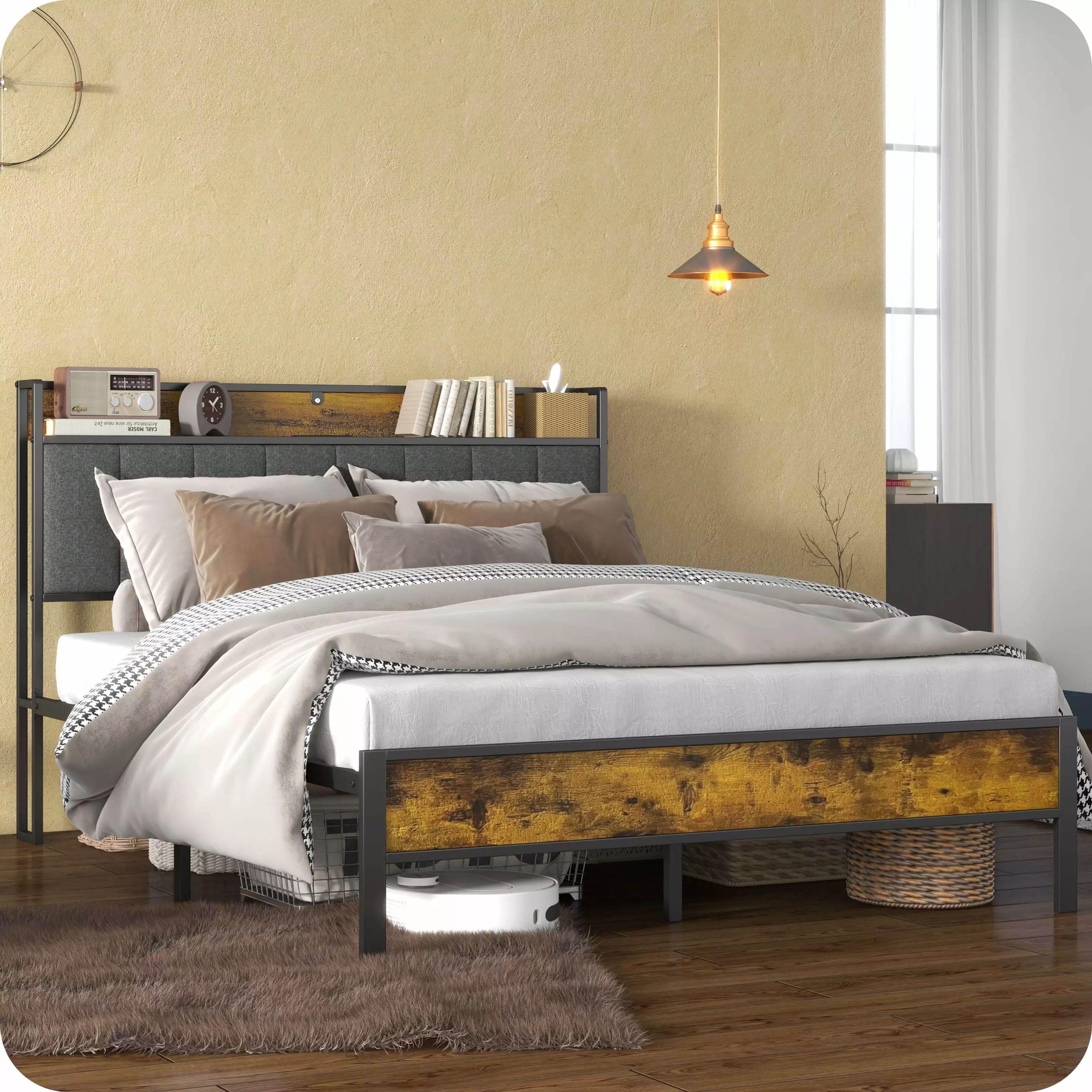 SUNNY HEAT Log Brown Full Size Bedframe Soft Headboard and Charging Stations Heavy Duty Metal Platform