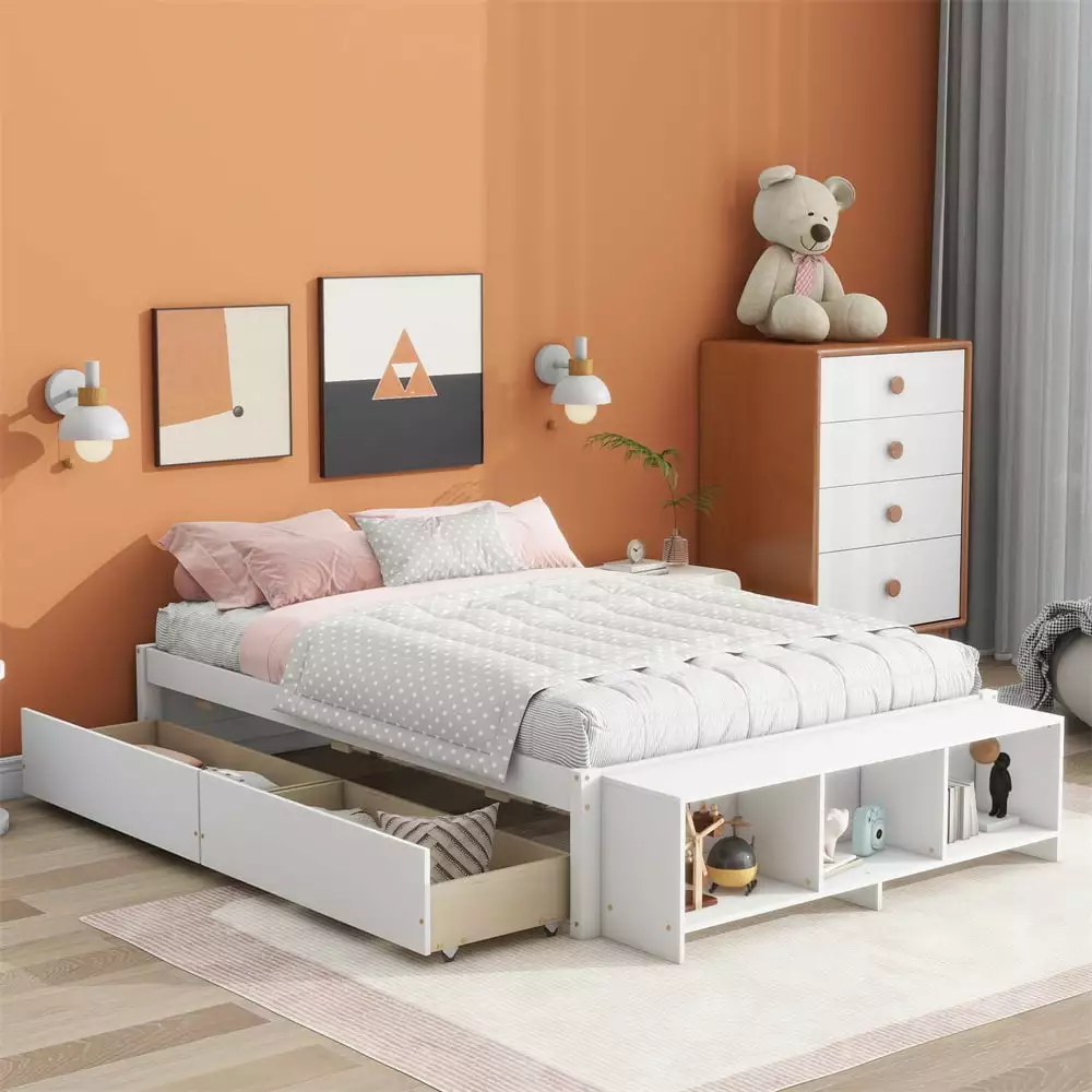 Full Size Bed Frame Storage Case and 2 Drawers - Wood Platform Bed Lengthwise Slat Support Montessori Bed Toddlers Kids Wh...