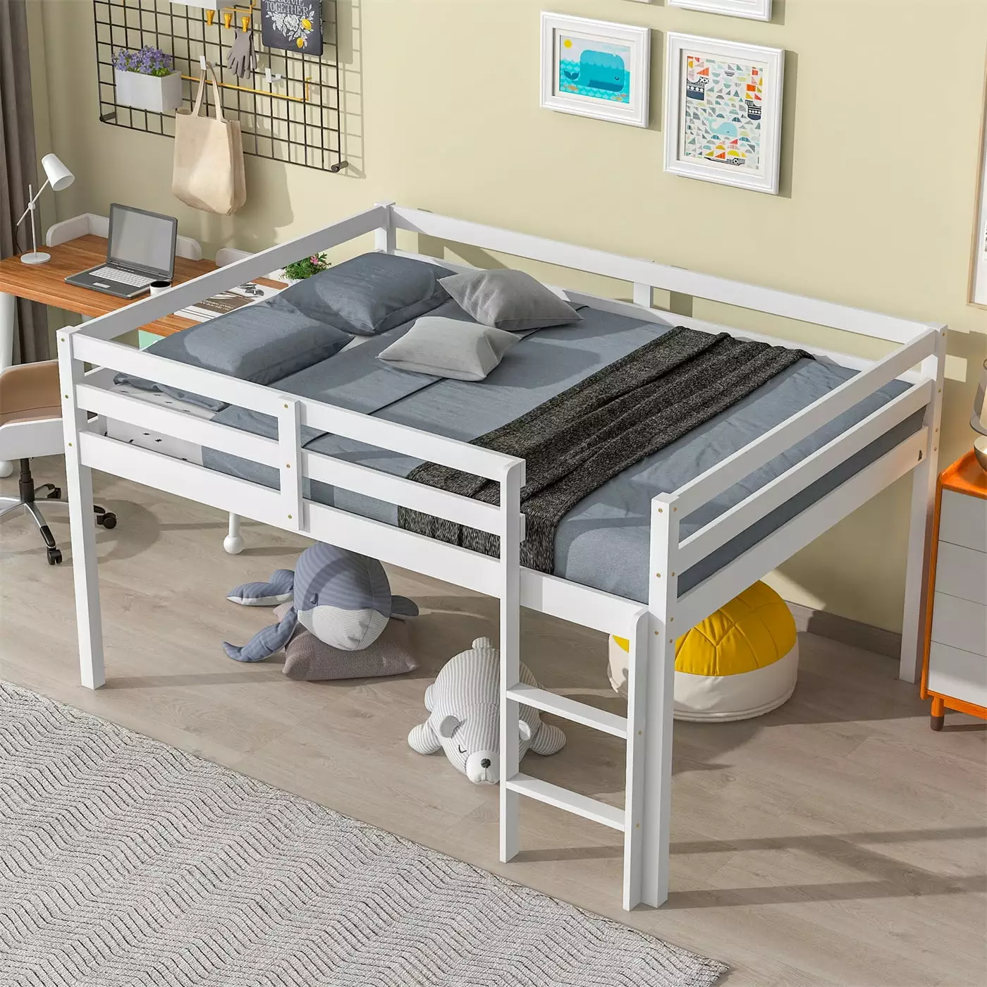 Full Size Loft Bed Kids and Toddlers Guard Rail and Ladder White Triple Tree
