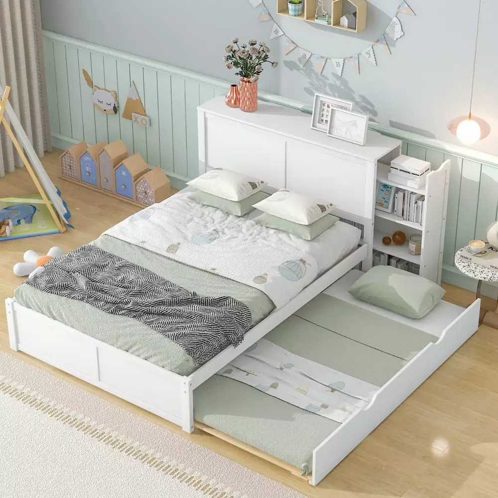 TRIPLE TREE Full Platform Bed Frame Storage Headboard and Twin Trundle