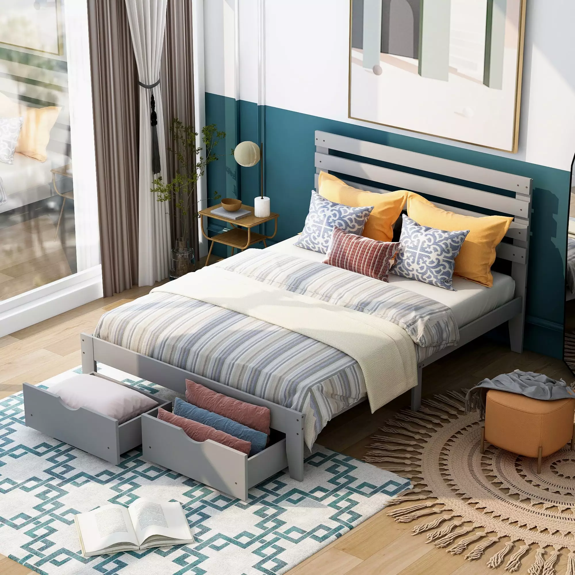 uhomepro Modern Full Size Platform Bed Frame Storage Drawers and Headboard White