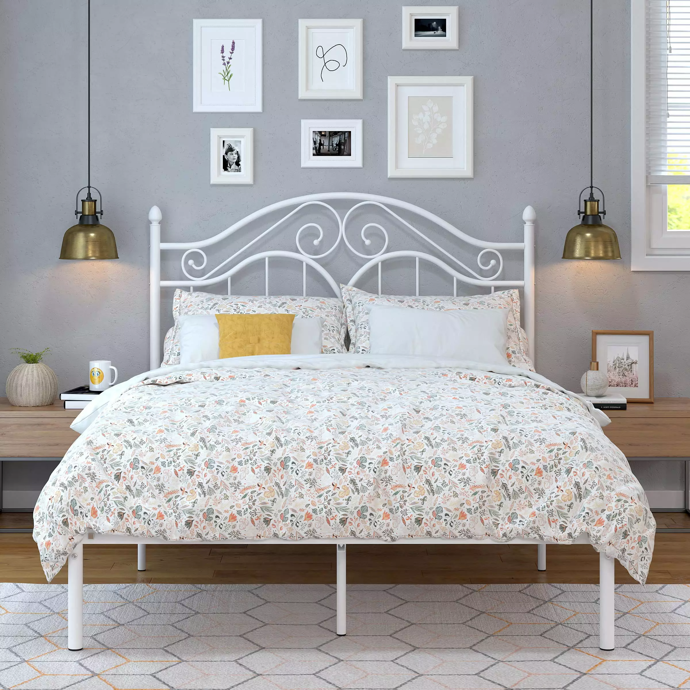 Yoneston Full Size Metal Platform Bed Frame Vintage Headboard and Storage