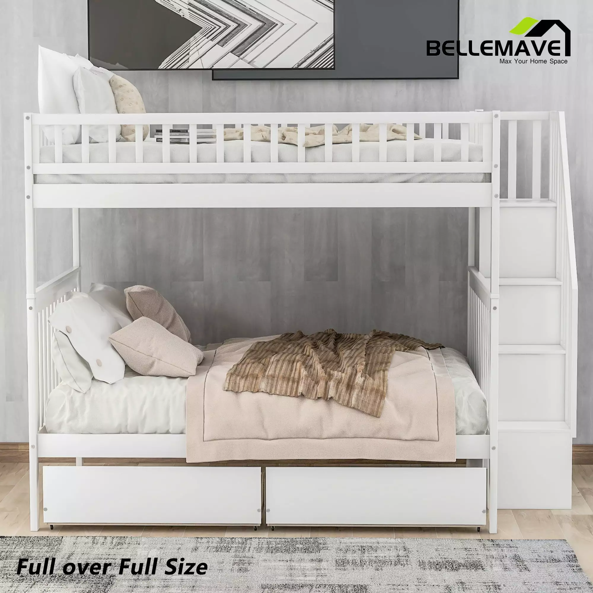 Full over Full Bunk Bed Storage Drawers and 3-Tier Shelves - Kids Bunk Bed Guardrail White Bellemave