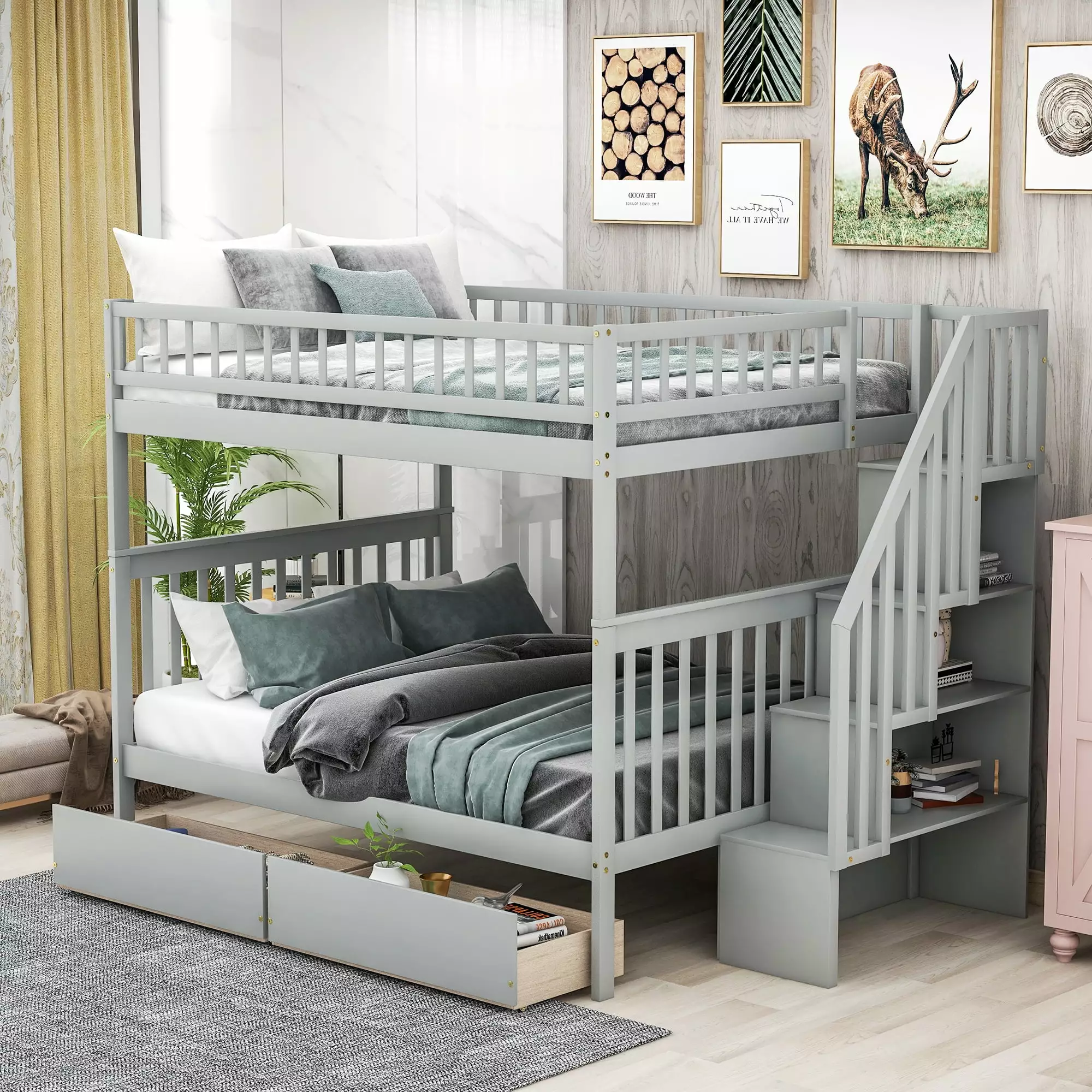 Euroco Full over Full Bunk Bed Storage Shelves 2 Under Storage Drawers Kids Room Gray