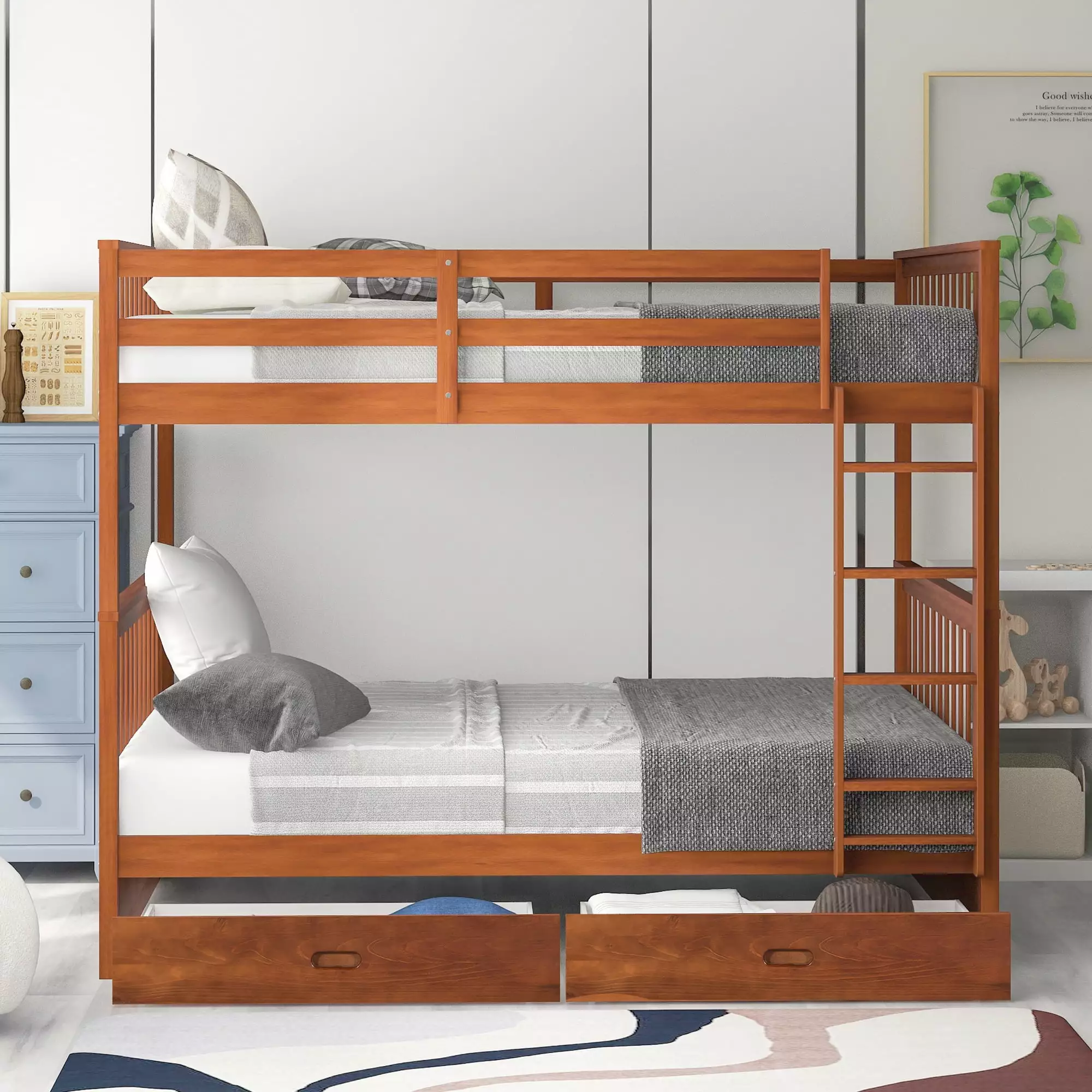 Full Over Full Bunk Bed Kids Adult Heavy Duty Solid Wood Bunk Bed Frame Ladder Storage Drawers Walnut LegaHome