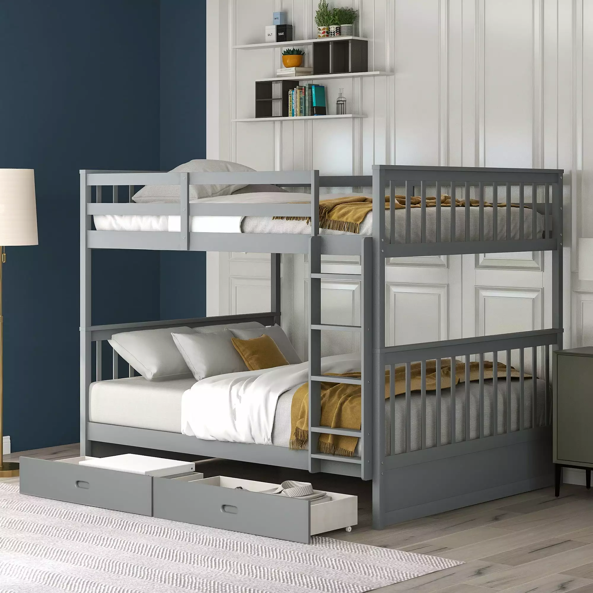 Gray Full Over Full Bunk Bed Storage Modern Solid Wood Bunk Bed Frame Ladder and 2 Drawers Can Be Divided Into 2 Beds Full...