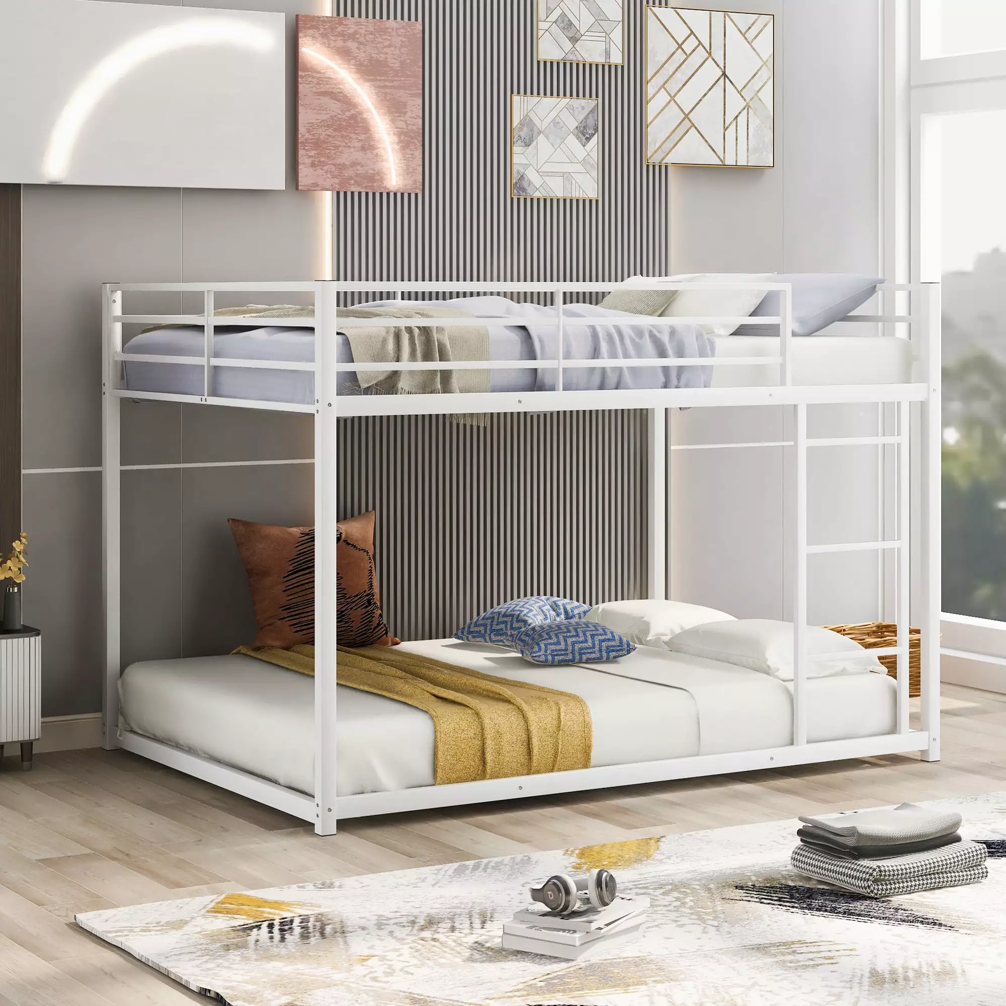Bunk Bed Kids Full over Full Metal Bunk Bed Frame Low Bunk Bed Ladder and Protectty Guardrails White Syngar