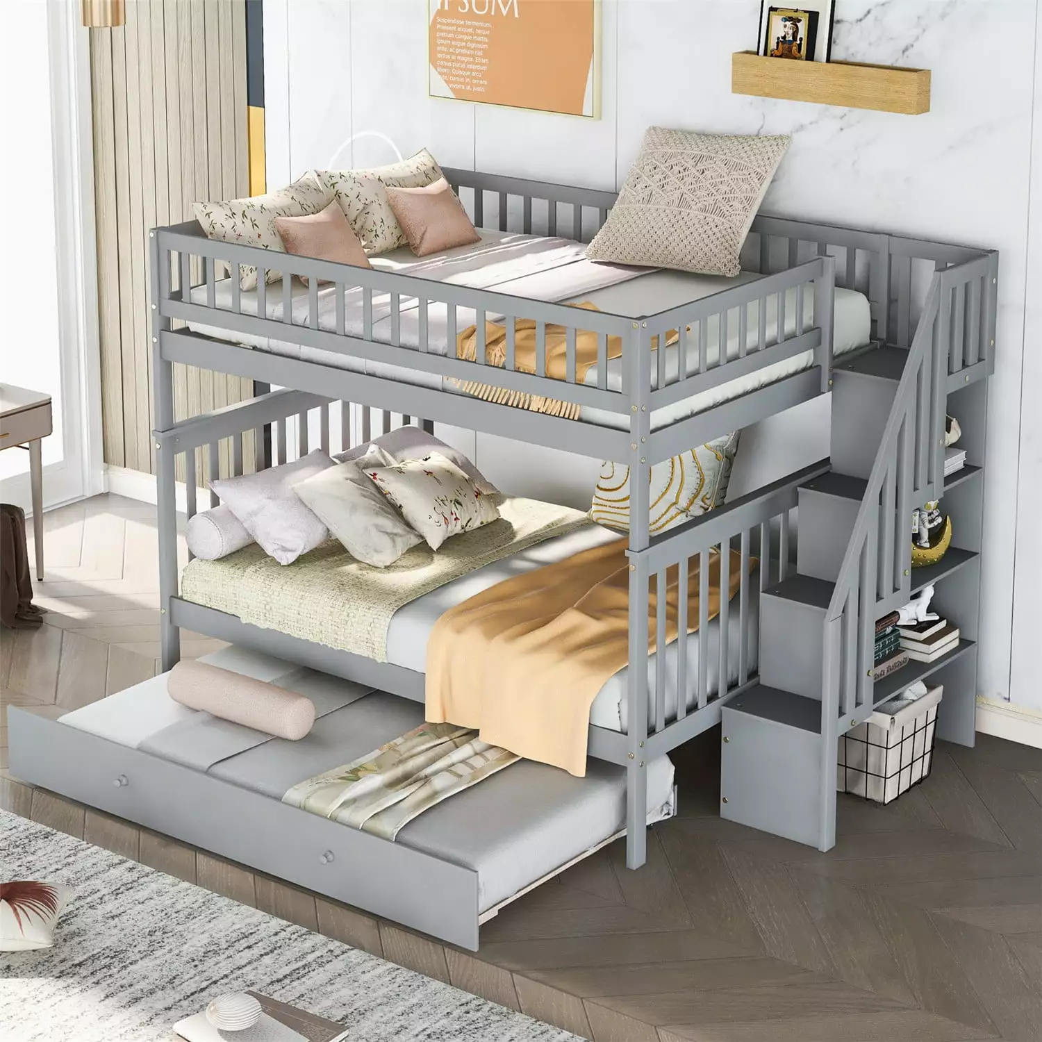 Full Over Full Bunk Bed Trundle and Storage Stairs - Solid Wood Bunk Bed Kids Teens Adults Gray Triple Tree