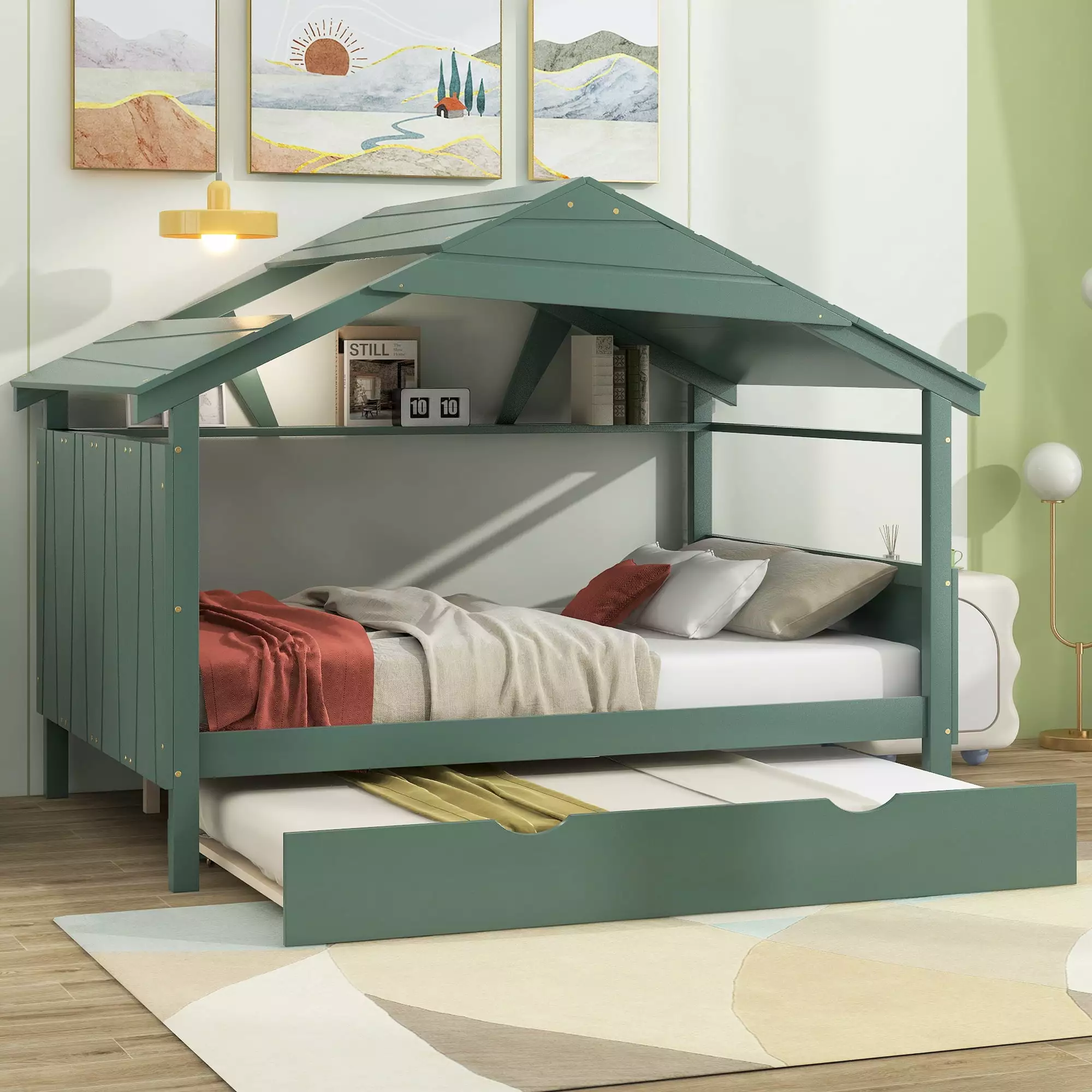 Euroco Wood Full Size Houtilize Bed Trundle and Built- Shelf Low Profile Daybed Kids Teens Adults Green