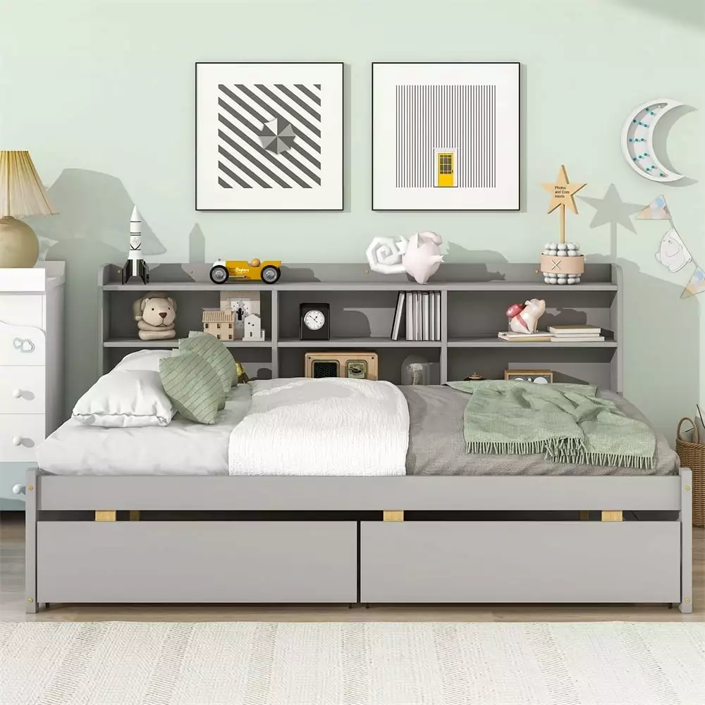 Full Daybed Storage Bookcase and 2 Drawers - Wood Platform Sofa Bed Frame Triple Tree