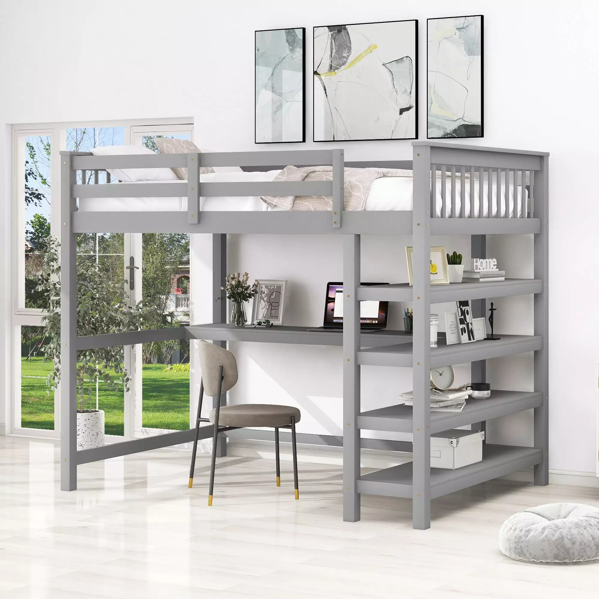 Euroco Solid Wood Full Loft Bed Desk and 4-Tier Storage Shelves Kids Bedroom Gray