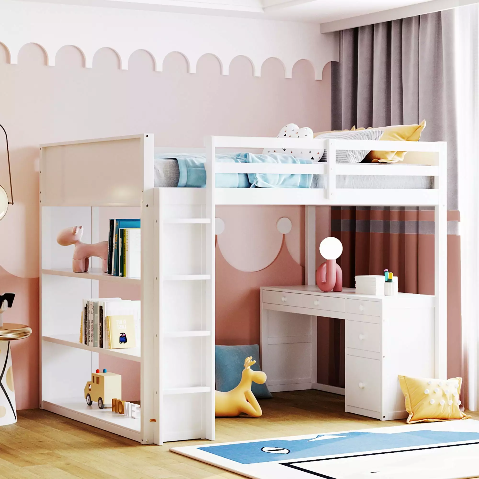 Multifunctional Loft Bed Desk and 3 Shelves Full Size 5 Storage Drawers Solid Wood Frame White ARCTICSCORPION
