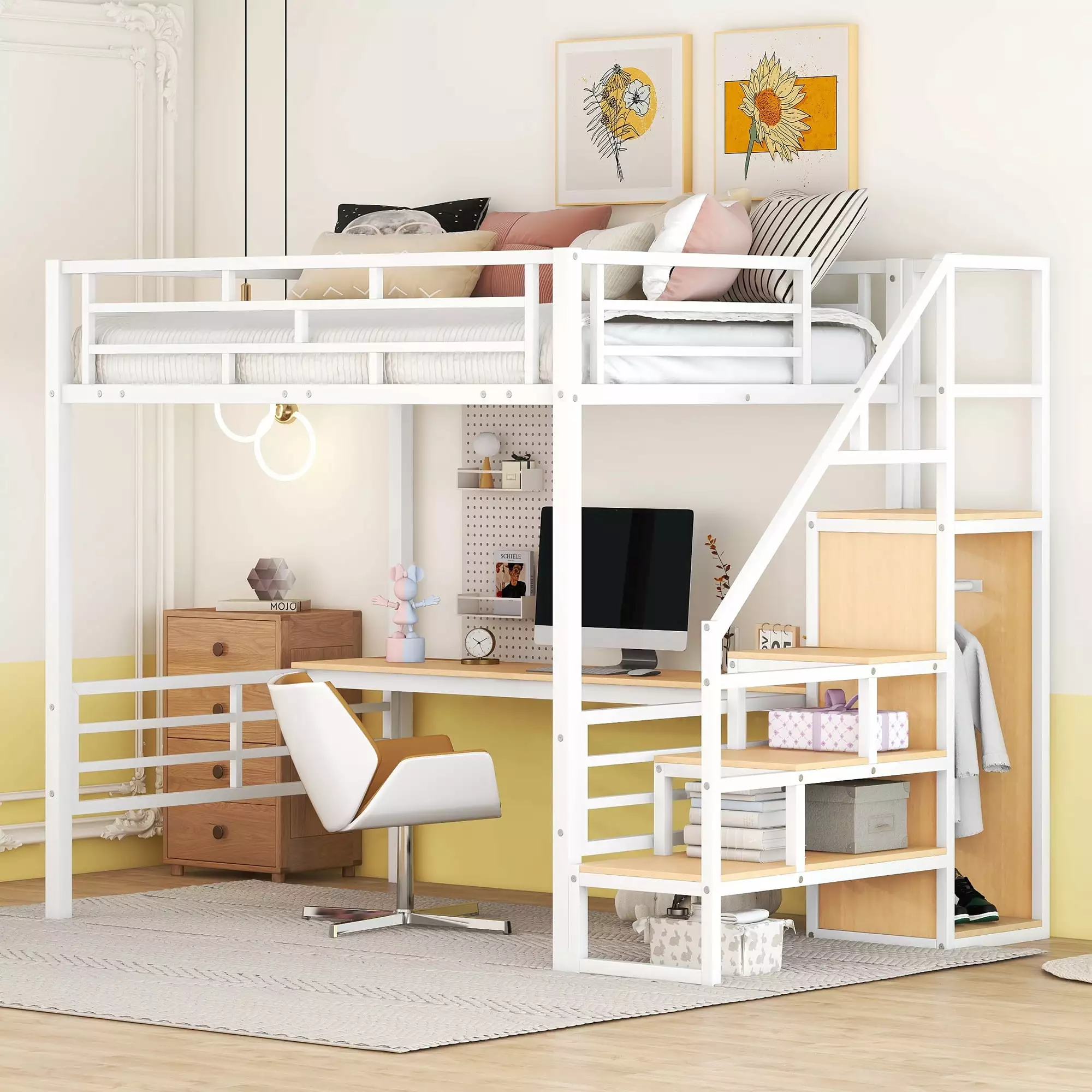 Bellemave Full Size Loft Bed Desk and Built- Wardrobe - White Metal Loft Bed