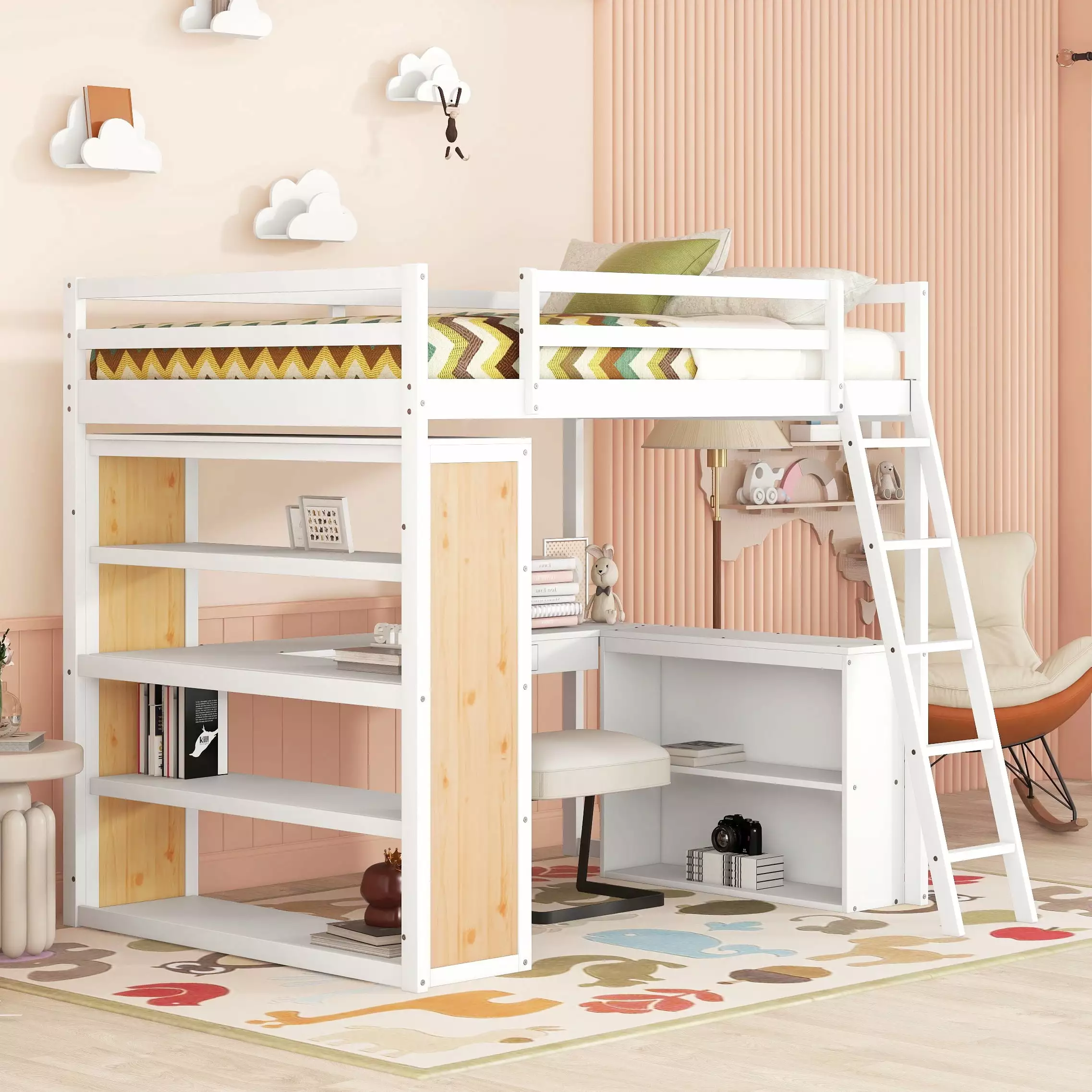 Bellemave Full Size Loft Bed Desk and Shelves - Wood Loft Bed Frame Storage Drawer Kids Teens Adults White