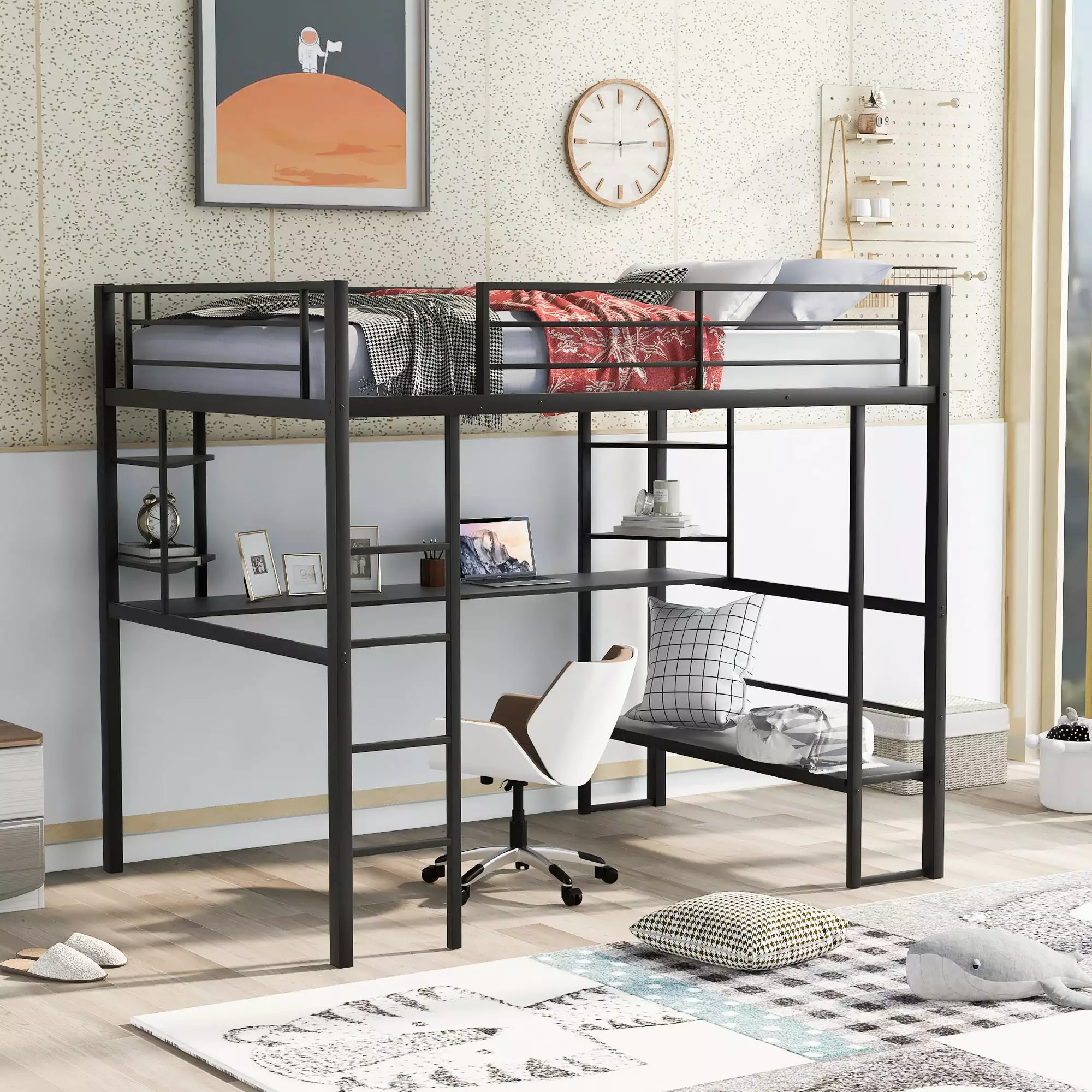Euroco Black Metal Full Size Loft Bed Desk and Shelf Kids