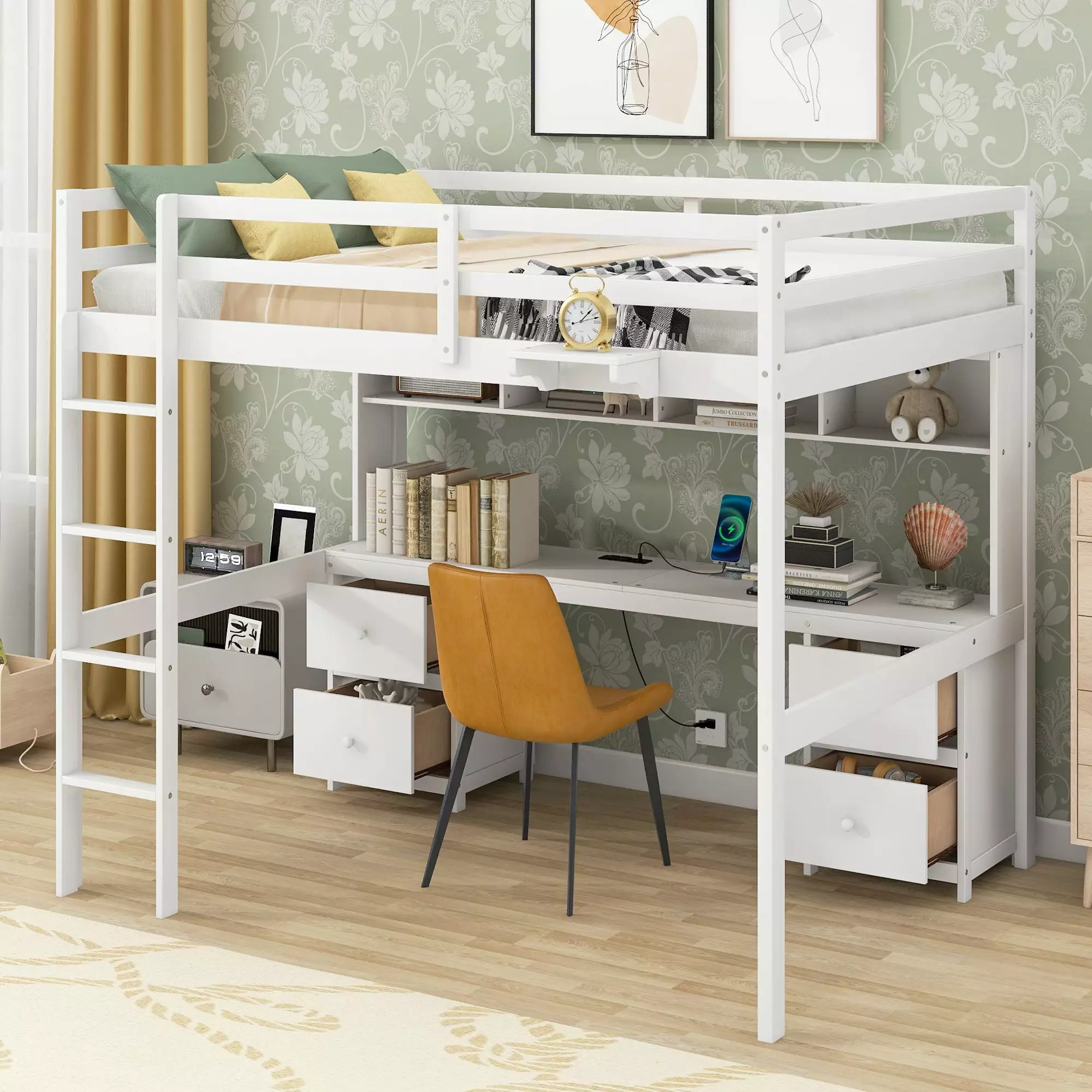 EUROCO Full Size Loft Bed Desk Drawers Shelf and USB Charging Station Kids Room White