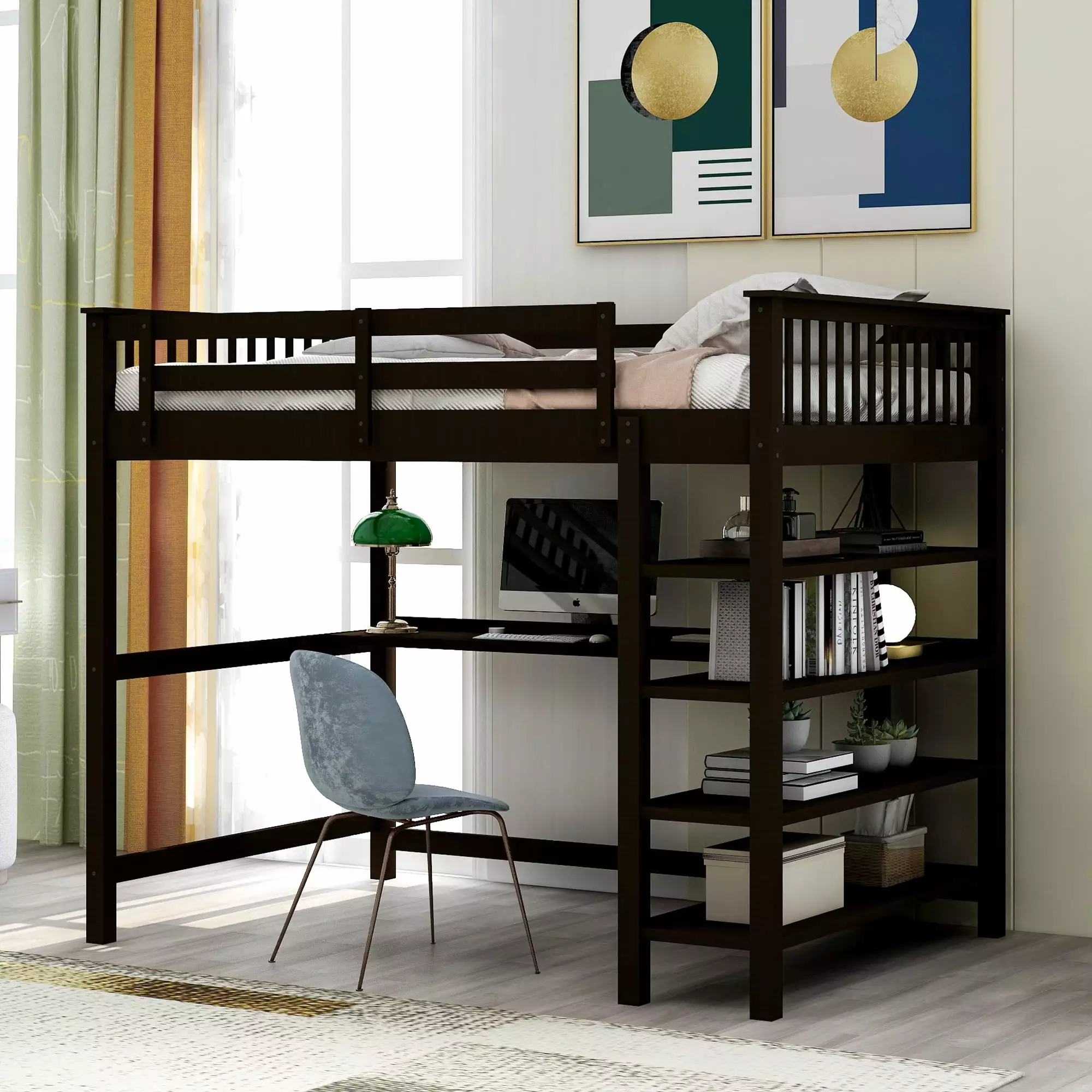 Euroco Wood Full Loft Bed Desk and Shelves Brown Study and Sleep Combination