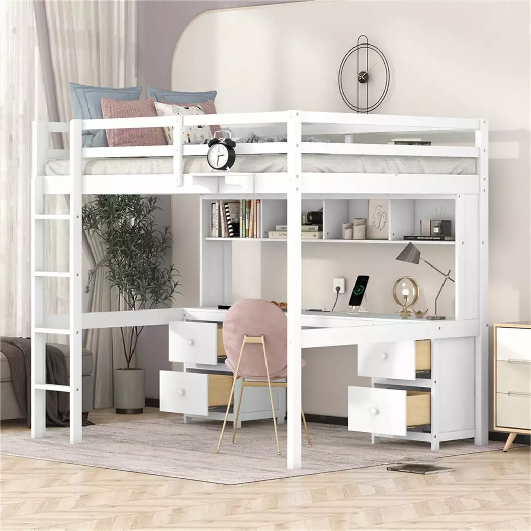Full Size Loft Bed Desk and Charging Port - Wood Frame 4 Drawers Triple Tree