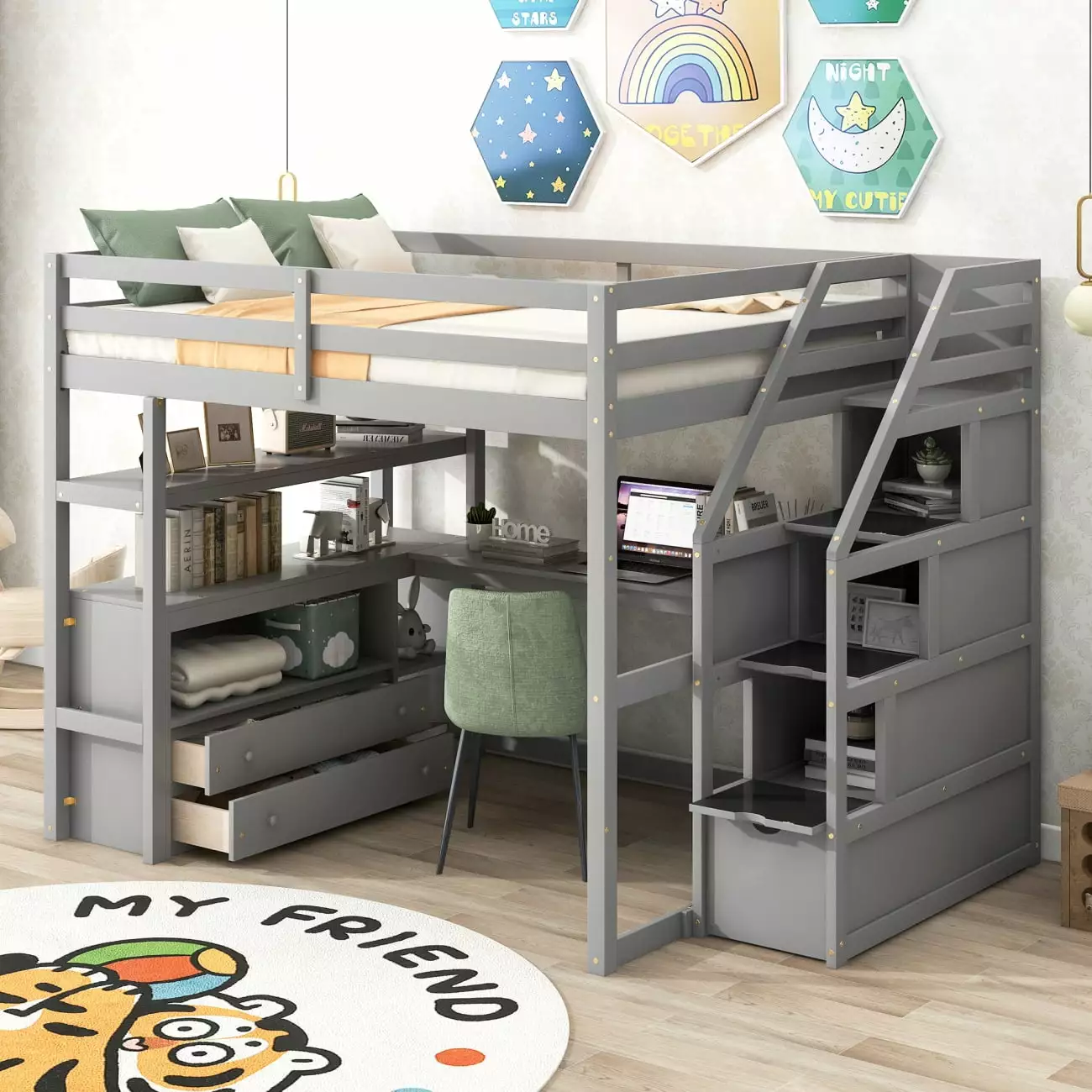 Full Size Loft Bed Desk - High Loft Bed 2 Drawers, Storage Staircase, and Shelves Gray Triple Tree