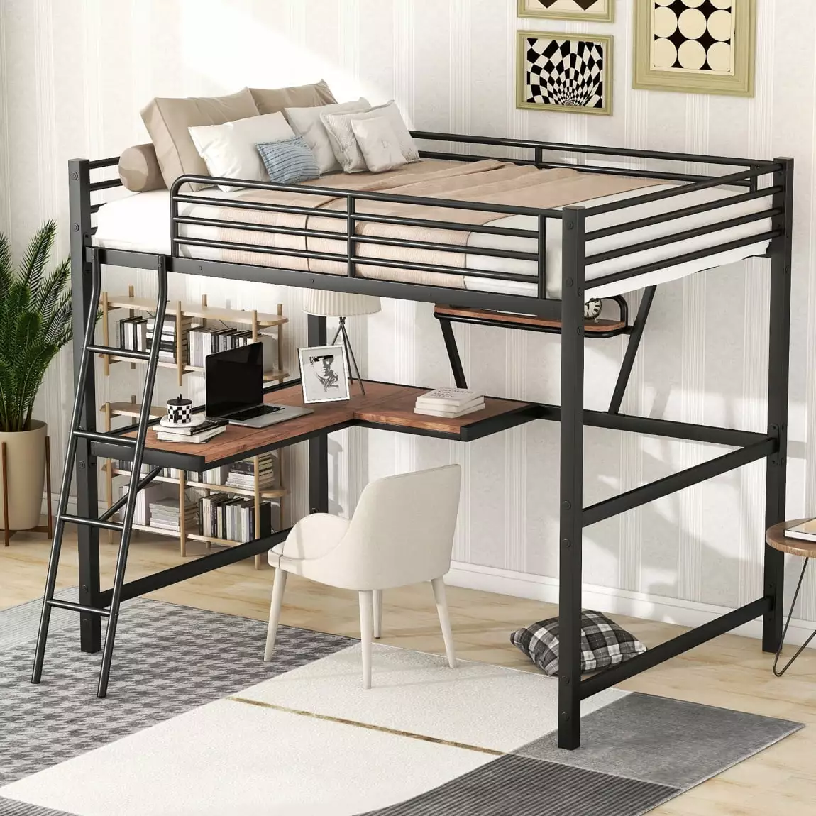 Full Size Loft Bed Desk and 13 High Guardrail - Heavy Duty Metal Loft Bed Teens and Adults Black Triple Tree