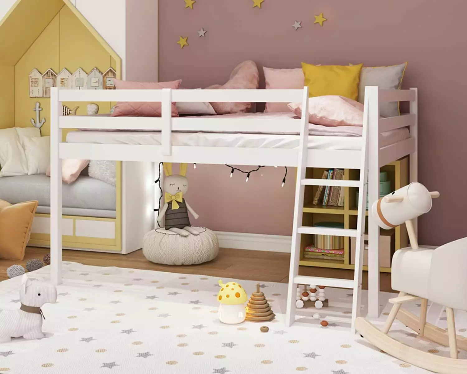 VINGLI Full Size Loft Bed Inclined Stairs - Solid Wood Junior Loft Bed High Guard Rail Kids and Adults