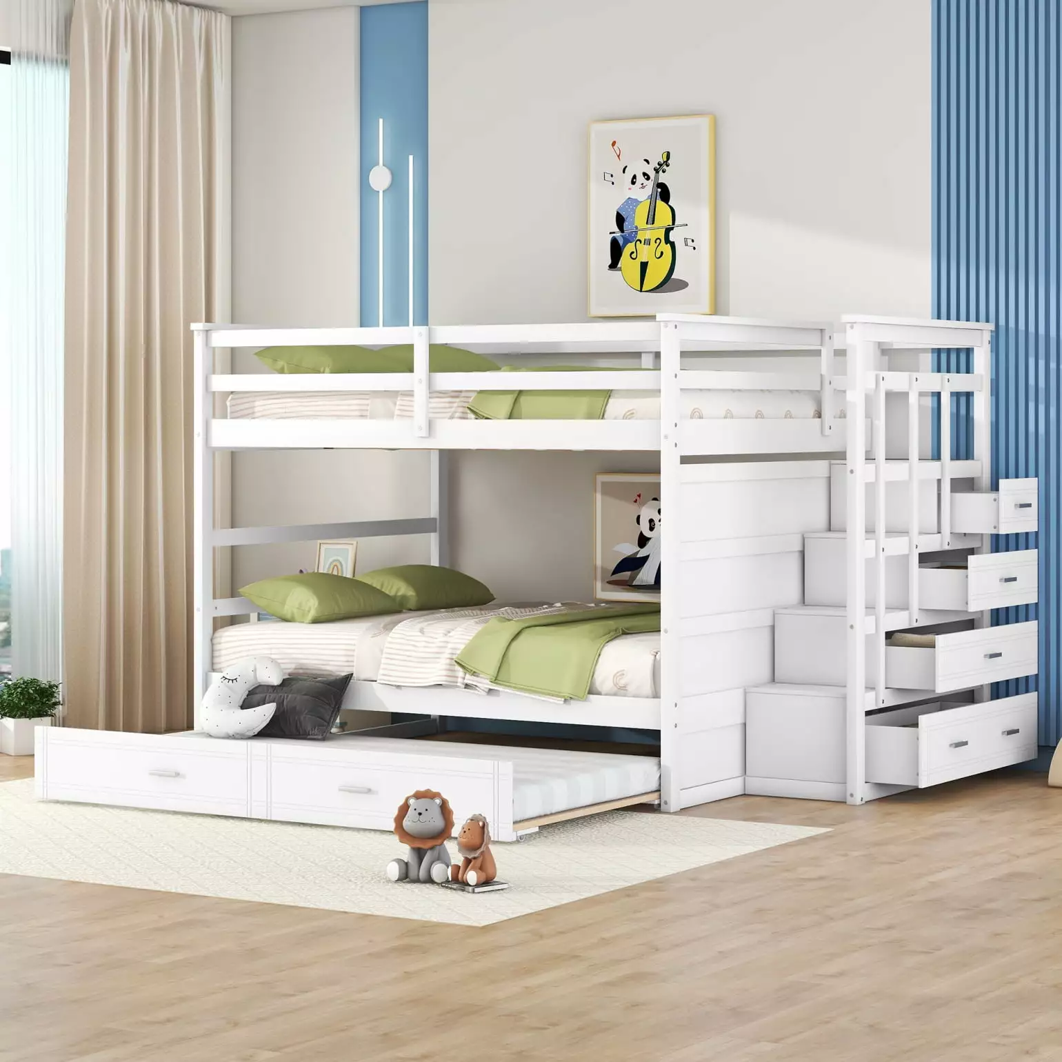 Full Over Full Bunk Bed Solid Wood Bunk Bed Twin Size Trundle Guardrails and Stairs Wooden Bedroom Furniture Bunk Bed Fram...