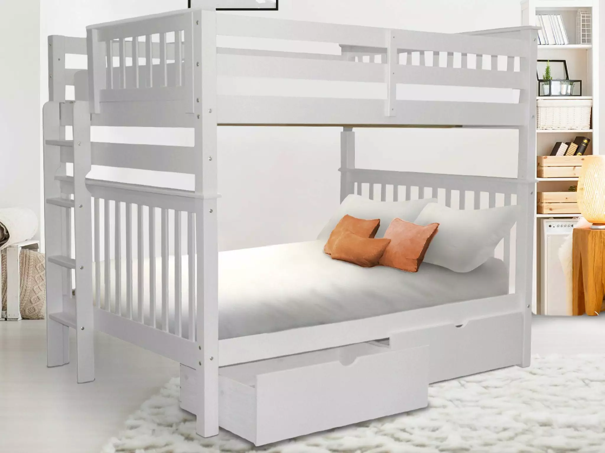Bedz King Bunk Beds Full over Full Mission Style End Ladder 2 Under Bed Drawers White