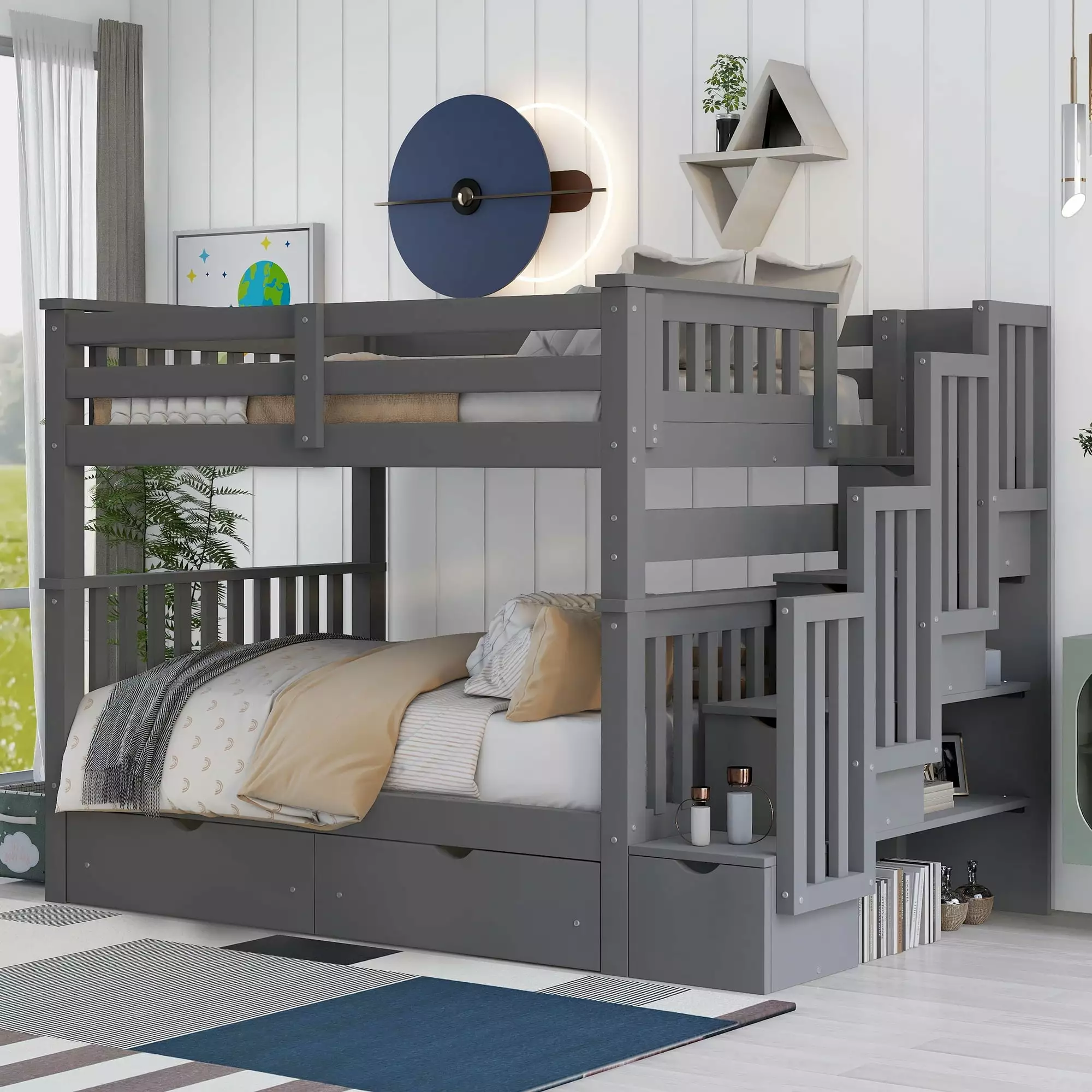 Bellemave Full over Full Bunk Bed 6 Storage Drawers Wooden Stairway Bunk Bed Shelves Kids Teens Adults Gray
