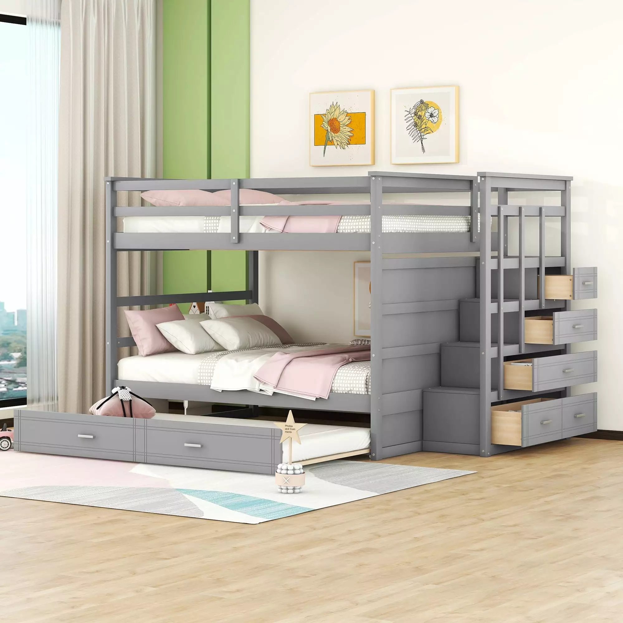 Churanty Full Over Full Bunk Bed Trundle and Stairs Gray Wood Bunk Bed Storage Drawers Teens Adults
