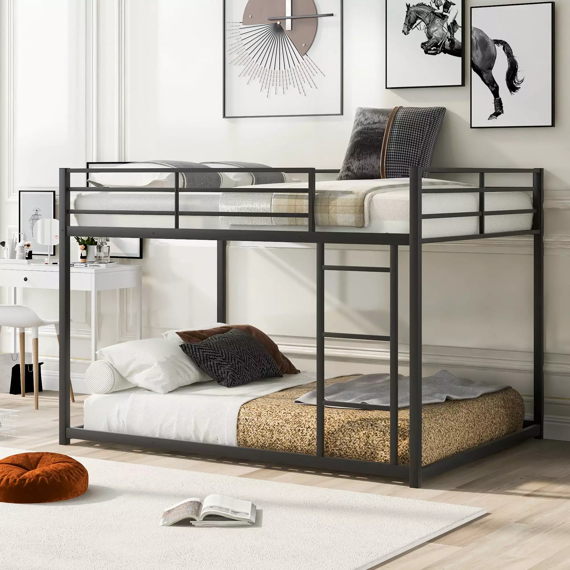 SYNGAR Full over Full Metal Bunk Bed Frame Low Bunk Bed Ladder Guardrails No Box Spring Needed Black