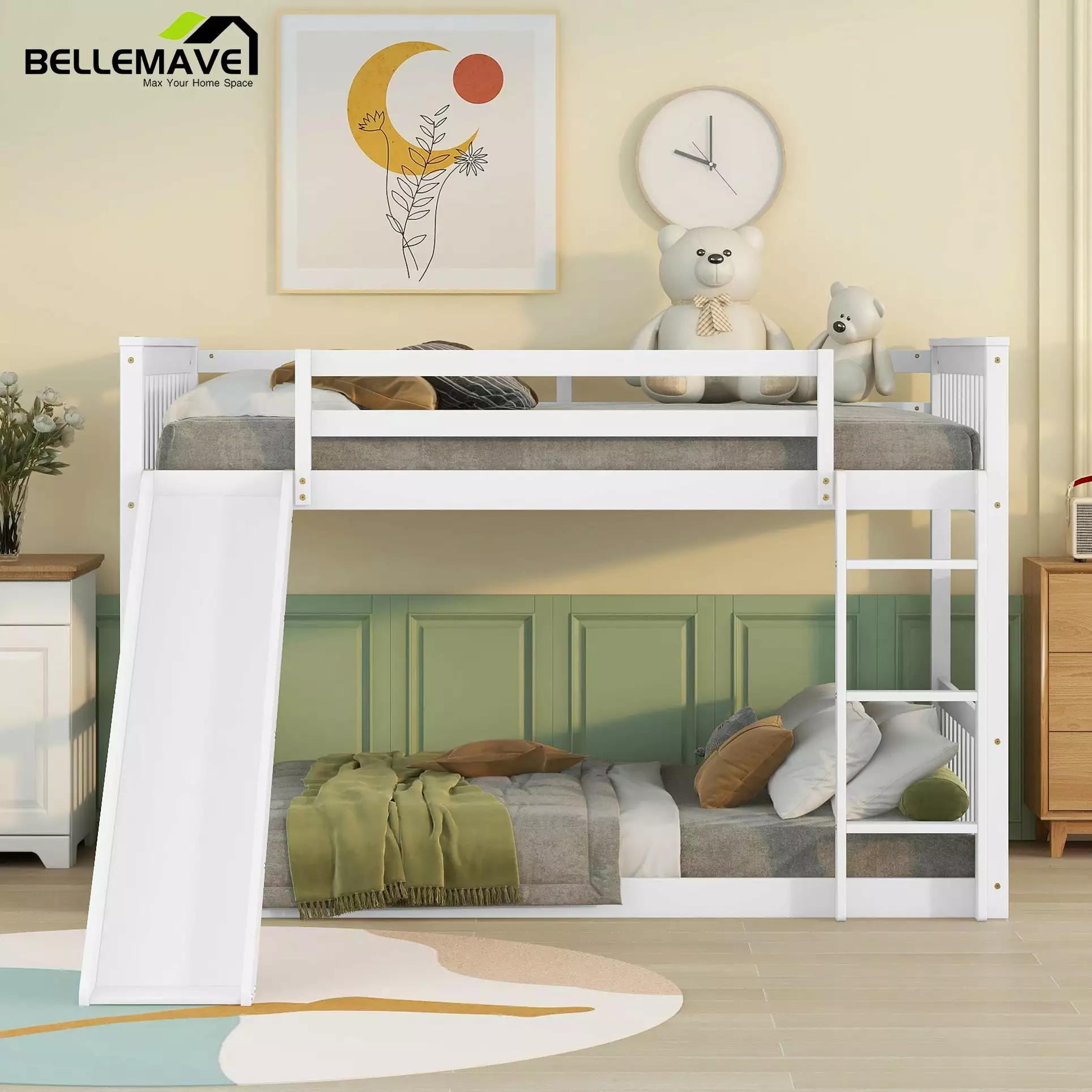 Bellemave White Full Over Full Bunk Bed Slide and Protectty Guardrails Boys Girls Brand