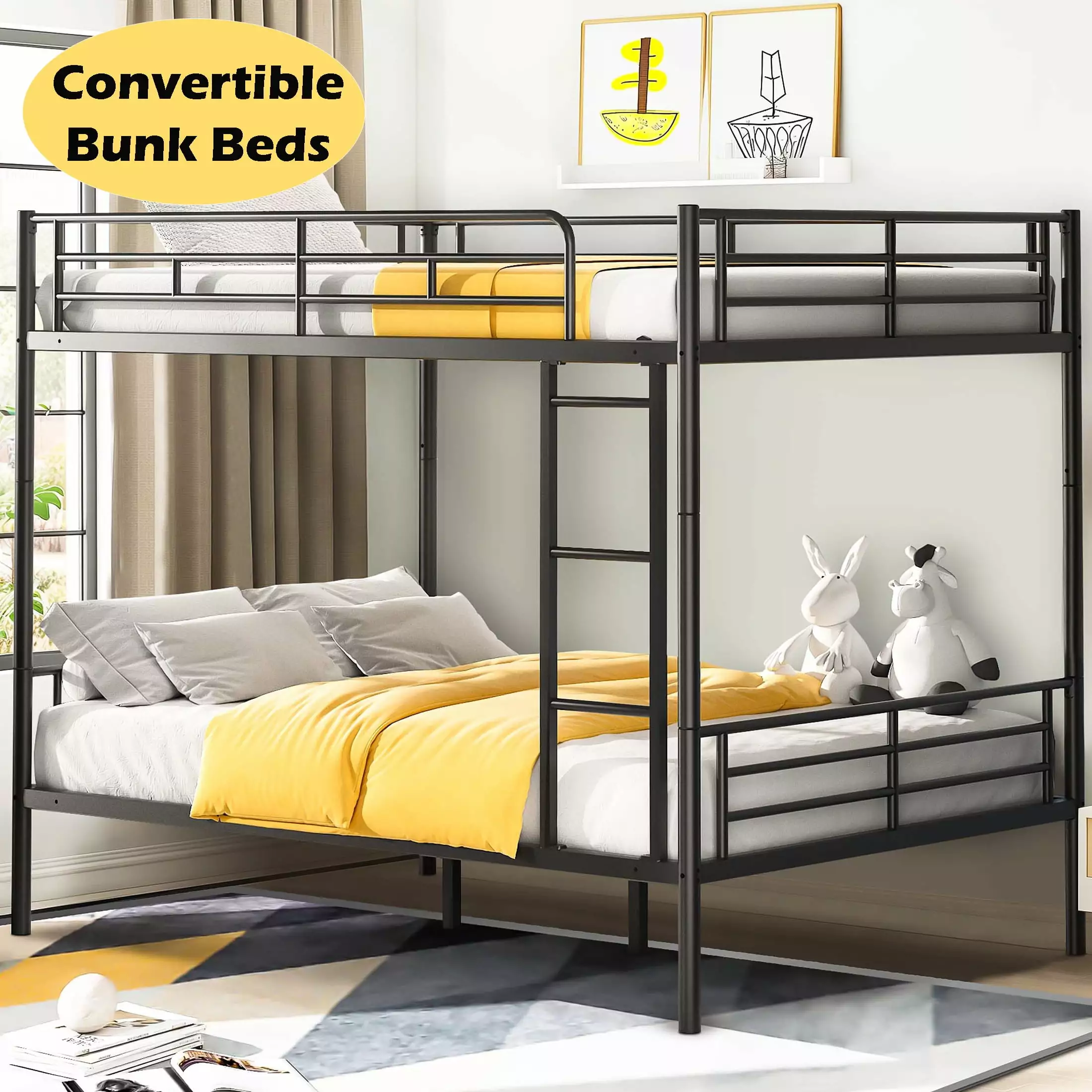 Full Over Full Metal Bunk Bed - Black Convertible Bunk Bed Frame Ladder & Guardrails 350lb Capacity BTMWAY
