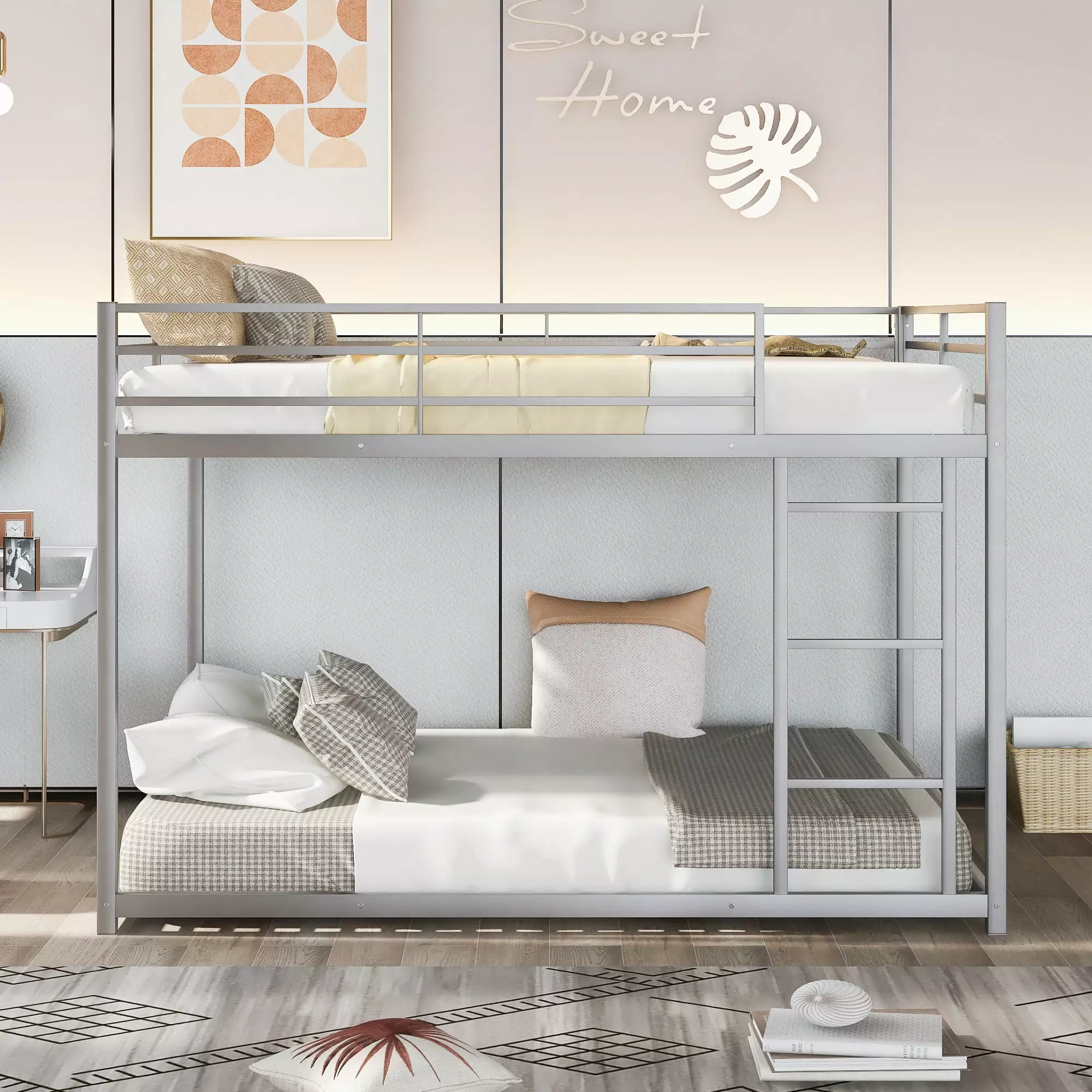 Full over Full Bunk Bed Frame Ladder Protectty Guardrail Metal Space Saving Silver Syngar